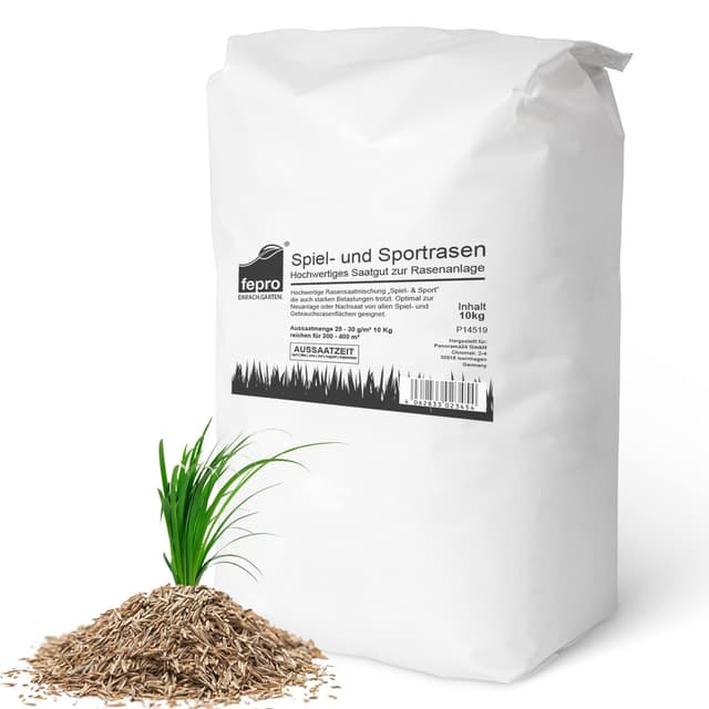 10kg Rasensamen Sport und Spiel schnellkeimend 400m², robust, tiefgrün, ideal für Neuansaat und Nachsaat, Rasensaat Grassamen Frühjahr 10 kg