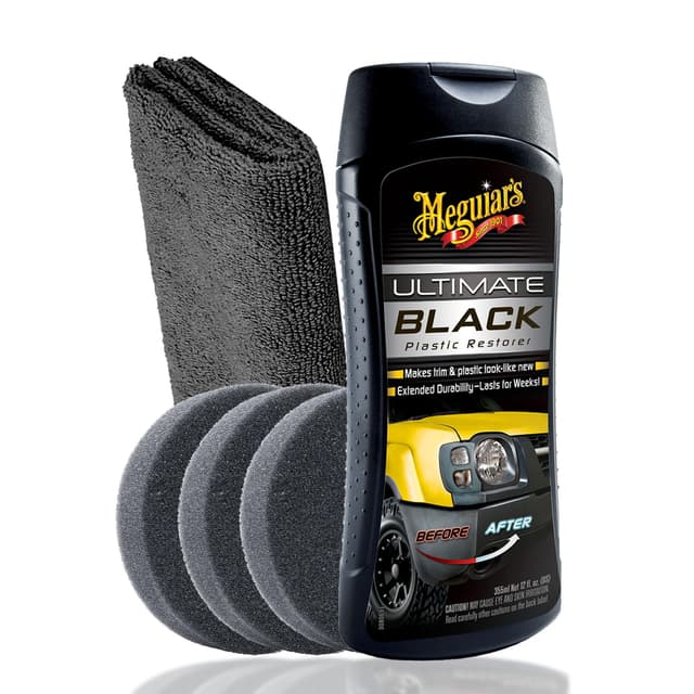 Auto Kunststoff Auffrischer Set für Innen und Außen | Meguiar's Ultimate Black Plastic Restorer + 3x Applikator Pad + Poliertuch | Kunststoffpflege für neuen Glanz mit UV-Schutz