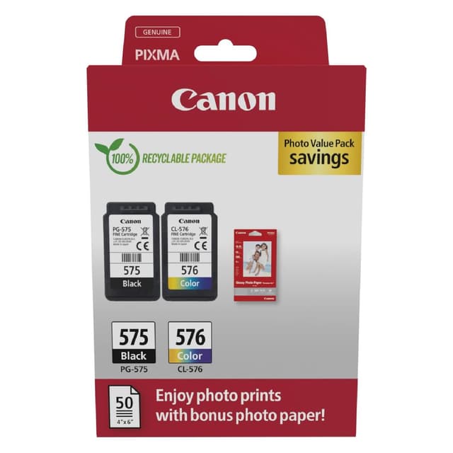 Canon Tintenpatronen & Papier-Multipack - PG-575/CL-576 Original Druckerpatronen 2er Pack (1 x Schwarz, 1 x Farbe) & 4x6 Fotopapier (50 Blatt)