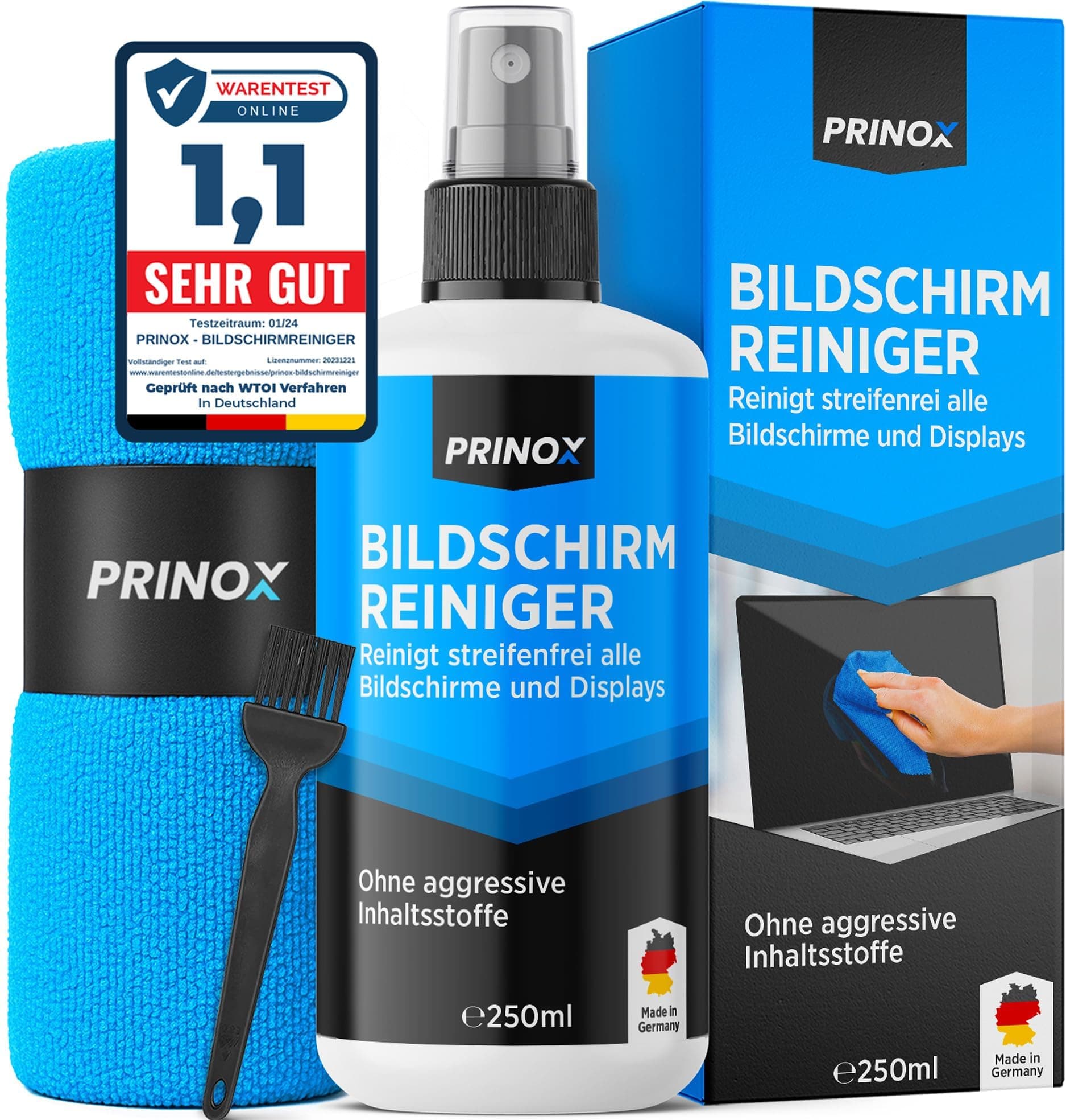PRINOX Bildschirmreiniger Set 250ml mit Mikrofasertuch und Pinsel - Display Reiniger für Handy, Laptop und TV Displays (LCD, LED, OLED, QLED, TFT) gegen Fettflecken und Fingerabdrücke 250 ml (1er Pack)
