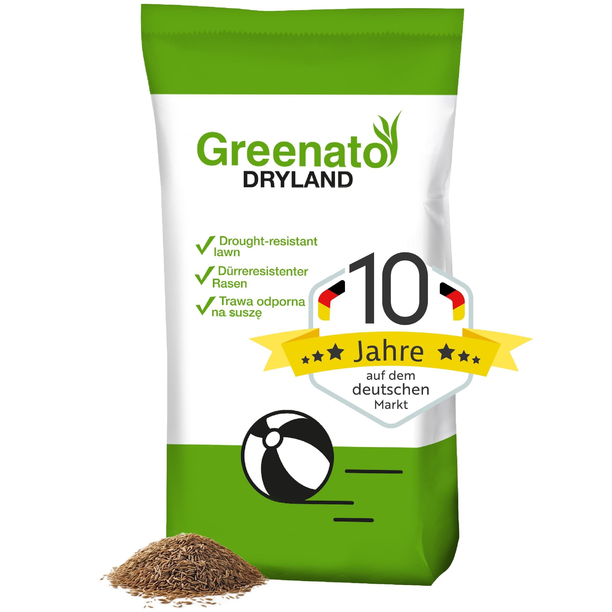 Rasensamen trockenresistent Greenato Dryland 5kg – Trockenrasen Rasensamen schnellkeimend Frühjahr und Herbst Grassamen Unkrautvernichter Rasen Rasensaat - ideal für eine Fläche von 200m²