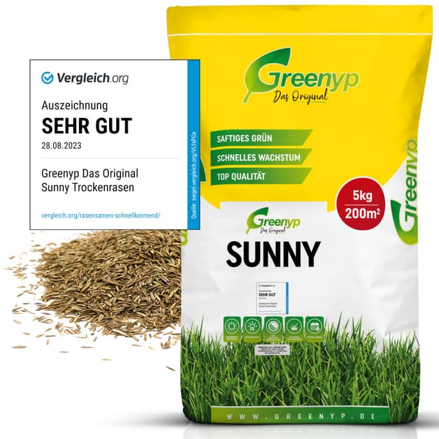 Greenyp® Sunny I dürreresistenter Trockenrasen I 5kg für 200m² I Grassamen Rasensamen Rasensaat Gras Nachsaat schnellkeimend 200m² / 5kg