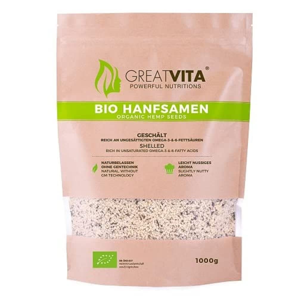 GreatVita Bio Hanfsamen, geschält, 1 kg | DE-Öko-037, reich an Proteinen, Omega-Fettsäuren & Vitaminen | Glutenfrei & in Rohkostqualität Nussiger 1 kg (1er Pack)