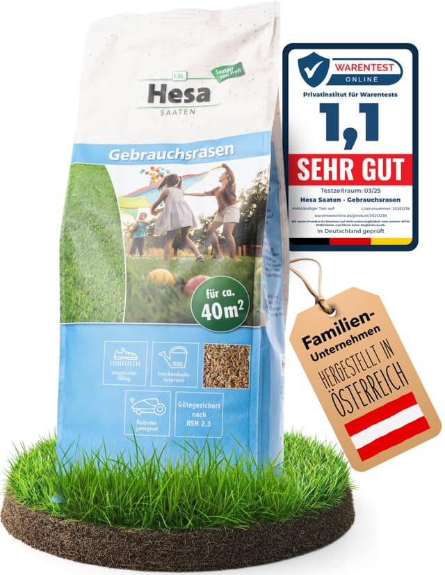 Hesa Gebrauchsrasen 1 kg für 40 m², RSM 2.3, schnellkeimende Premium Rasensamen Sport- und Spielrasen, Grassamen strapazierfähig und robust in Profiqualität