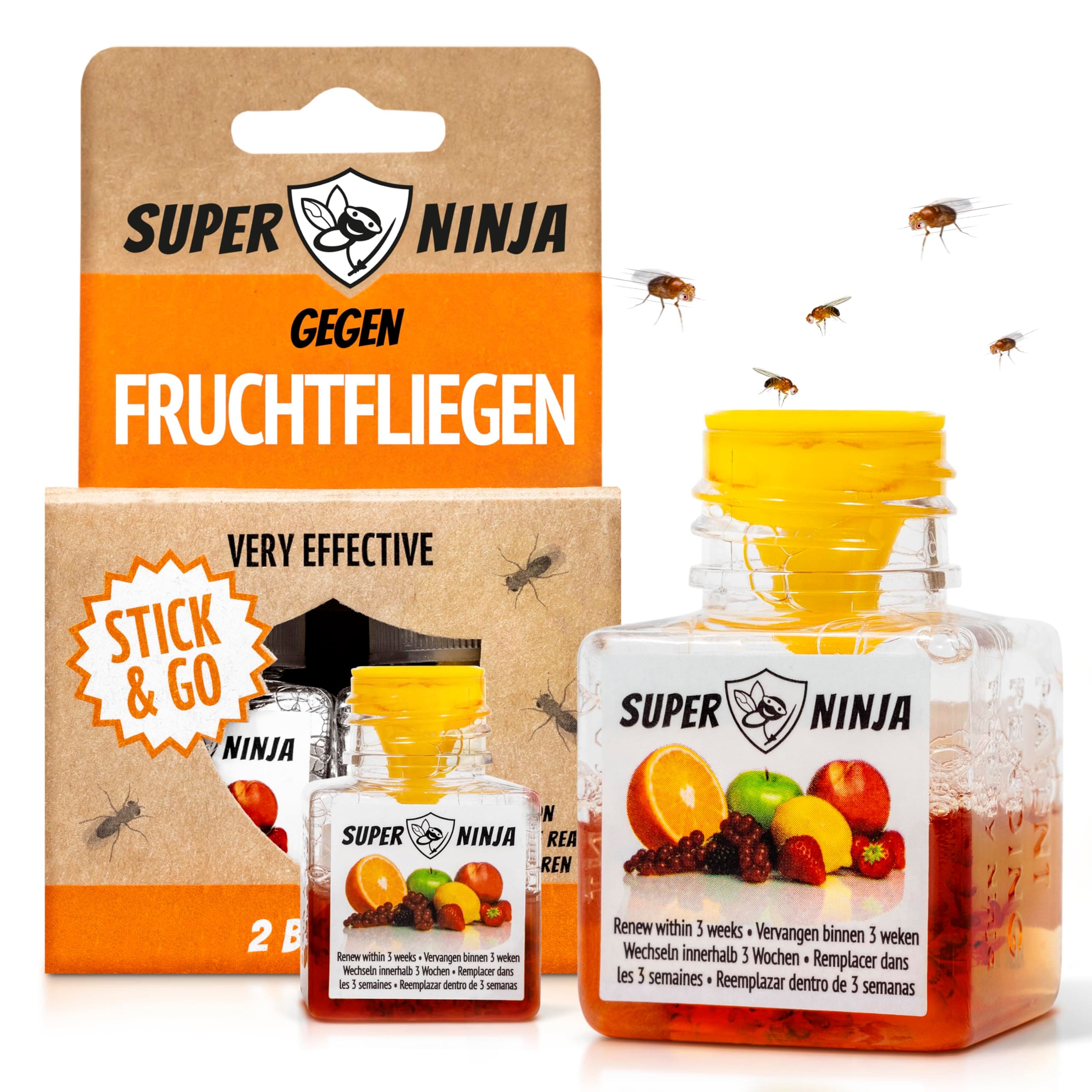 Super Ninja Fruchtfliegenfalle für Innenbereich – 2er-Pack, Wirksame Obstfliegenfalle für Haushalt und Küche, bis zu 3 Wochen Leistung pro Flasche, Kinder-und haustierfreundlich