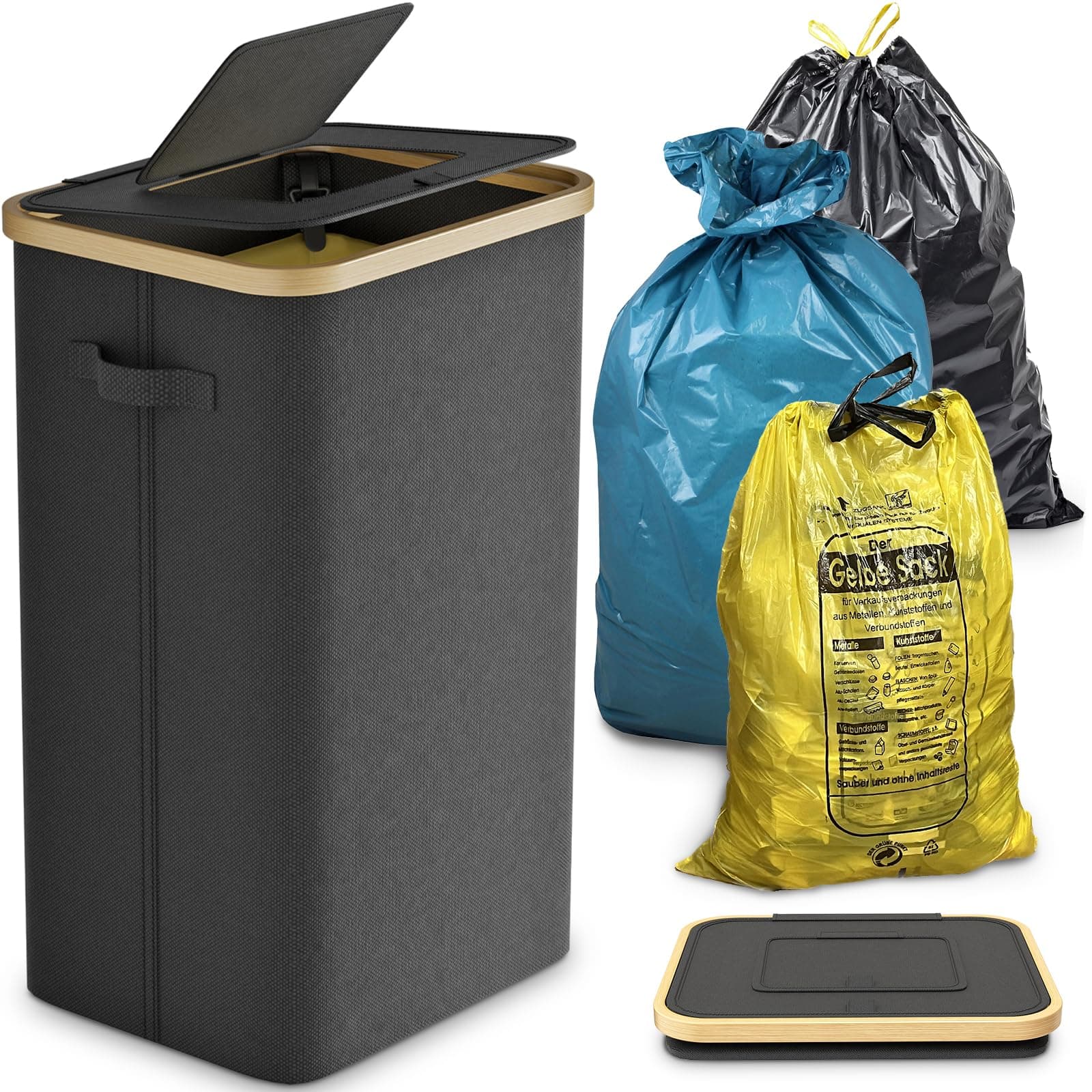 DOKRVLOQ Gelber Sack Ständer Stabil mit Deckel - Großer Mülleimer & Müllsackhalter für Küche & Haushalt | 100L Müllsystem Behälter Schwarz - Praktischer Müllsackständer