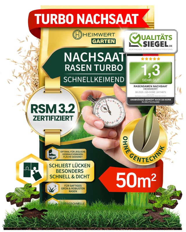 Heimwert Rasensamen schnellkeimend Turbo Nachsaat Grassamen schnellkeimend nach original RSM 3.2 Empfehlung aus hochwertigster Gräser Mischung - 1kg Sport und Spiel Rasen für 50 m2 - Made in Germany
