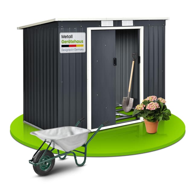 Juskys Metall Gerätehaus M 4m³ mit Pultdach, Schiebetür & Fundament - 213 x 130 x 173 cm - anthrazit - Geräteschuppen Gartenhaus Schuppen Stahl Anthrazit M