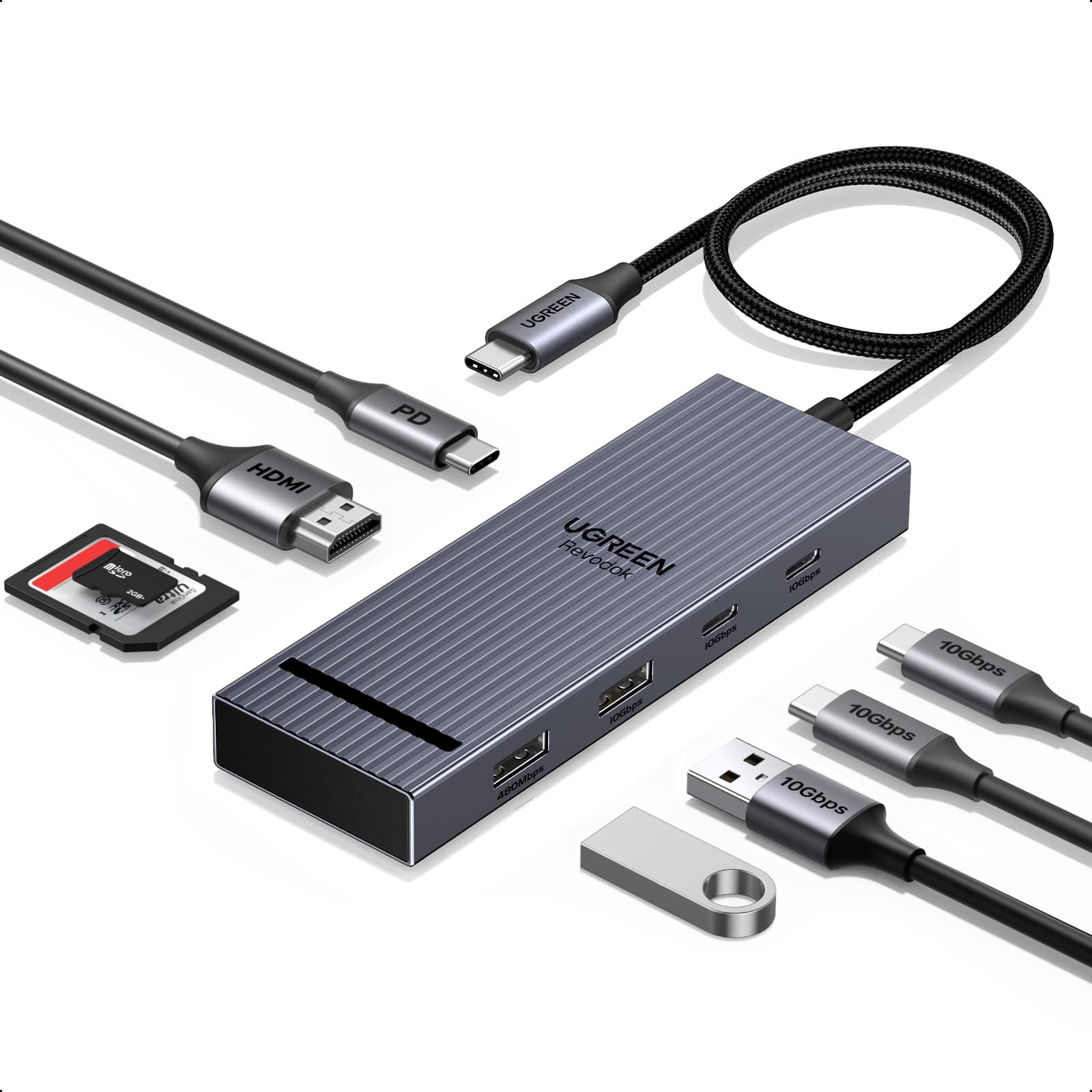 UGREEN Revodok Pro 108 10Gbps USB C Hub, USB C Adapter mit HDMI 4K@60Hz, Docking Station mit USB 3.2 10Gbps, SD/TF Kartenleser, PD 100W Kompatibel mit MacBook, Surface, iPad Pro und mehr