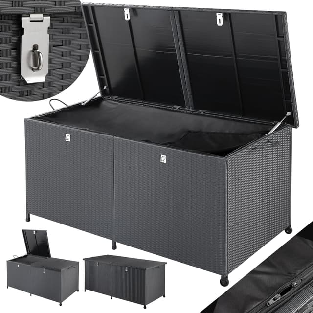 Casaria® Gartenbox XXL Polyrattan Wetterfest 625L UV-beständig Griffe Rollen Gasdruckfeder Garten Wintergarten Auflagenbox Kissenbox 150x77cm Schwarz
