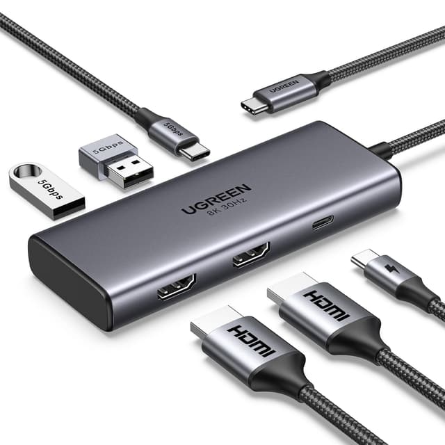 UGREEN Revodok 206 USB C Hub 2 HDMI Docking Station Dual HDMI, 3*USB Ports, PD 100W Schnellladen Kompatibel mit Surface, ThinkPad, Zenbook, MacBook Air/Pro und mehr