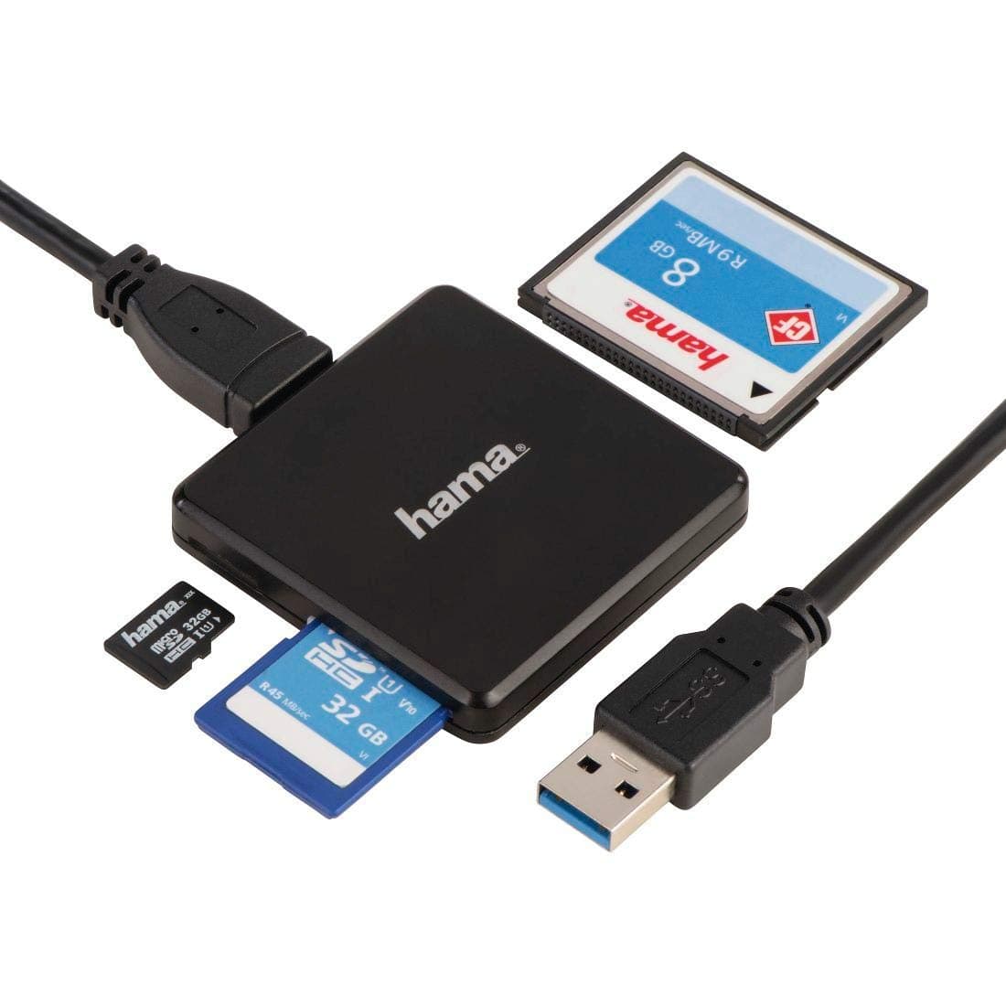 Hama Kartenleser USB 3.0 (Kartenlesegerät für SD, SDHC, SDXC, microSD, microSDHC, microSDXC, CF Speicherkarte, Card Reader mit USB Kabel für Windows PC, Mac, Notebook, Laptop, TV) schwarz USB 3.0 (UHS-I)
