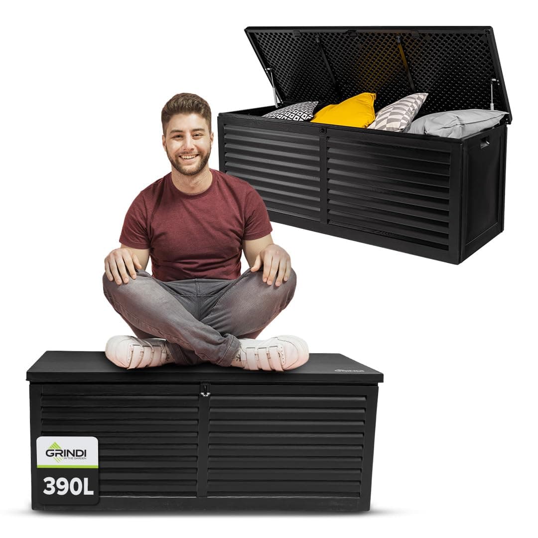 Grindi - Aufbewahrungsbox mit Deckel - Auflagenbox Larus - Gartenbox - Kissenbox 390 L - Outdoor Schrank - Paketbox - Sitzbank mit Stauraum - Gartenhaus - Geräteschuppen - Truhe mit Deckel Schwarz 390L