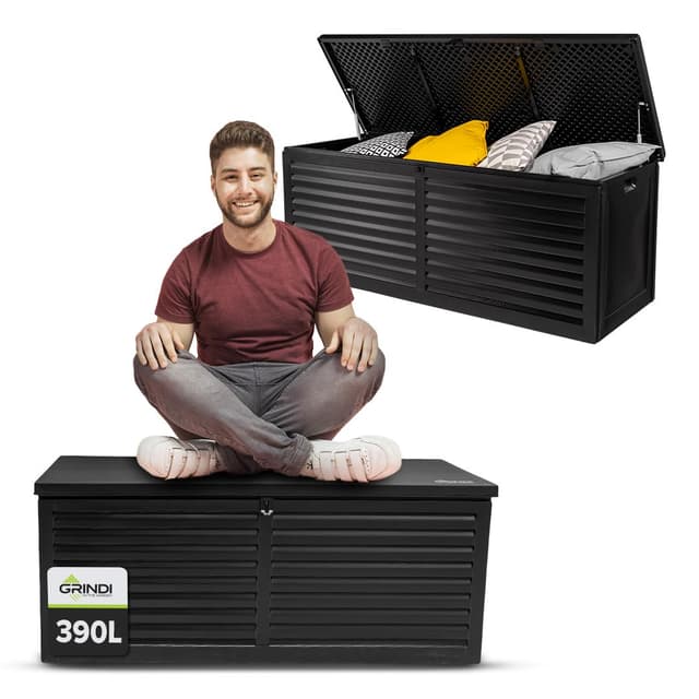 Grindi - Aufbewahrungsbox mit Deckel - Auflagenbox Larus - Gartenbox - Kissenbox 390 L - Outdoor Schrank - Paketbox - Sitzbank mit Stauraum - Gartenhaus - Geräteschuppen - Truhe mit Deckel Schwarz 390L
