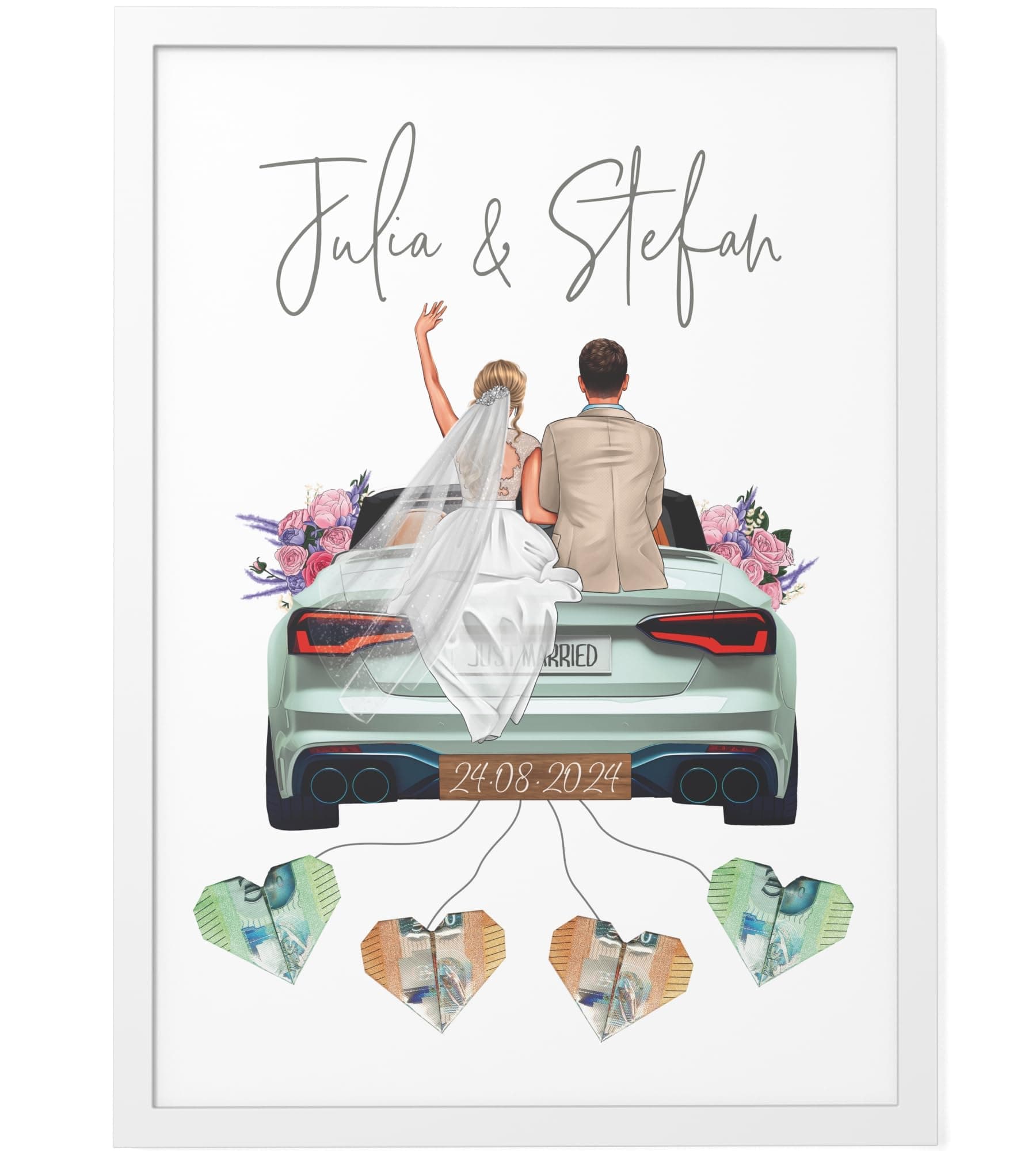 Papierschmiede® Personalisiertes Geldgeschenk Hochzeit | DIY Hochzeitsgeschenke für Brautpaar | ECHTES PAAR | A4 Poster mit Rahmen Hochzeitsauto Geld Geschenk Bild „New Car“ Wedding New Car DIN A4 (21 x 29,7 cm)