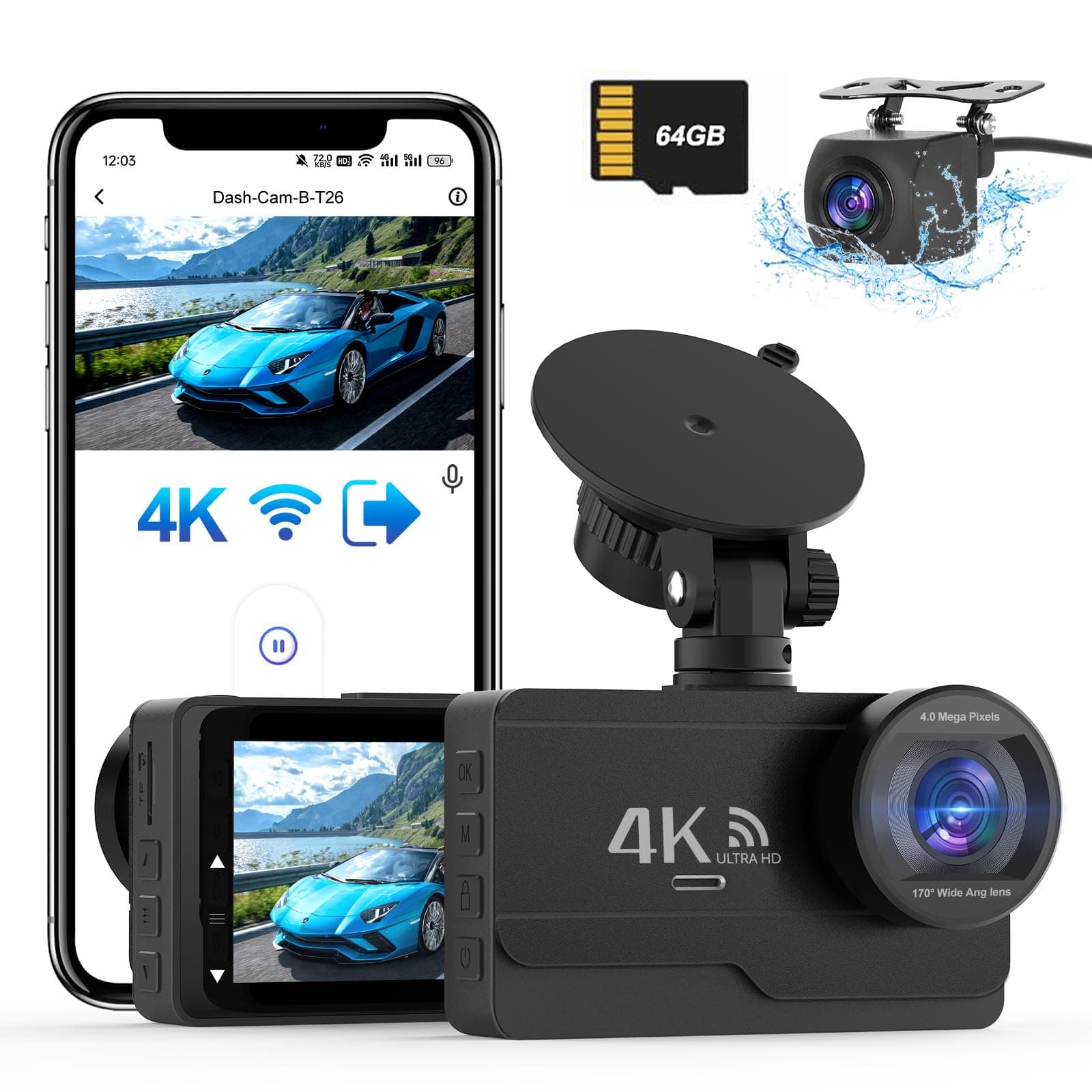 SIGRILL 4K/2K+1080P Dashcam Auto Vorne Hinten,WiFi Dash Cam mit 64GB SD Karte, Dasch-cam Auto Nachtsicht, 170°Weitwinkel WDR, 24/7 Parküberwachung Funktionalität, G-Sensor, Loop-Aufnahme, Max 256GB