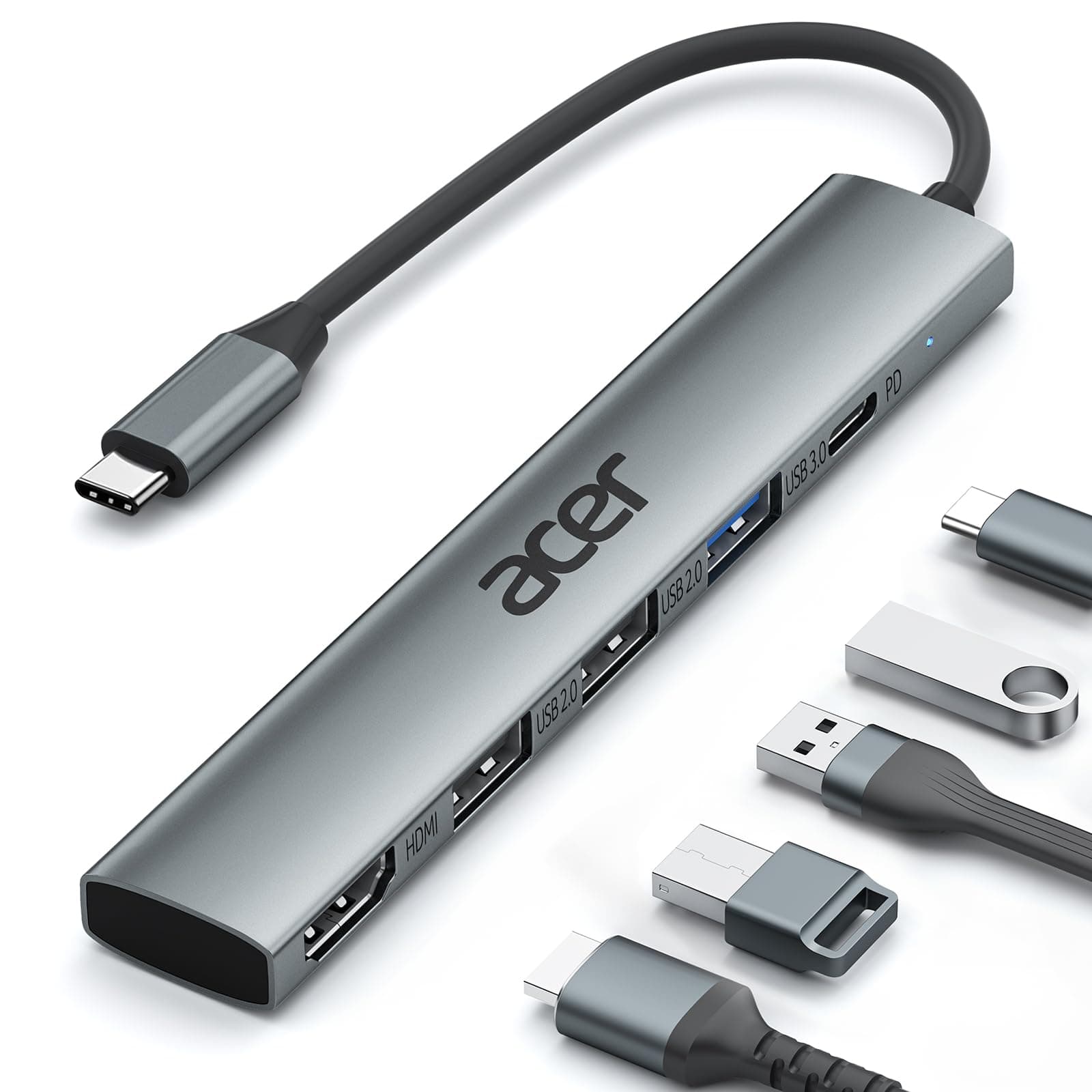 acer USB C Hub 5 in 1, Tragbarer 4K HDMI Adapter PD 100W, 3X USB A Datenport, USB C auf HDMI Adapter kompatibel mit acer Laptop, Chromebook, Surface, Galaxybook, MacBook Pro/Air, iPad Pro/Air