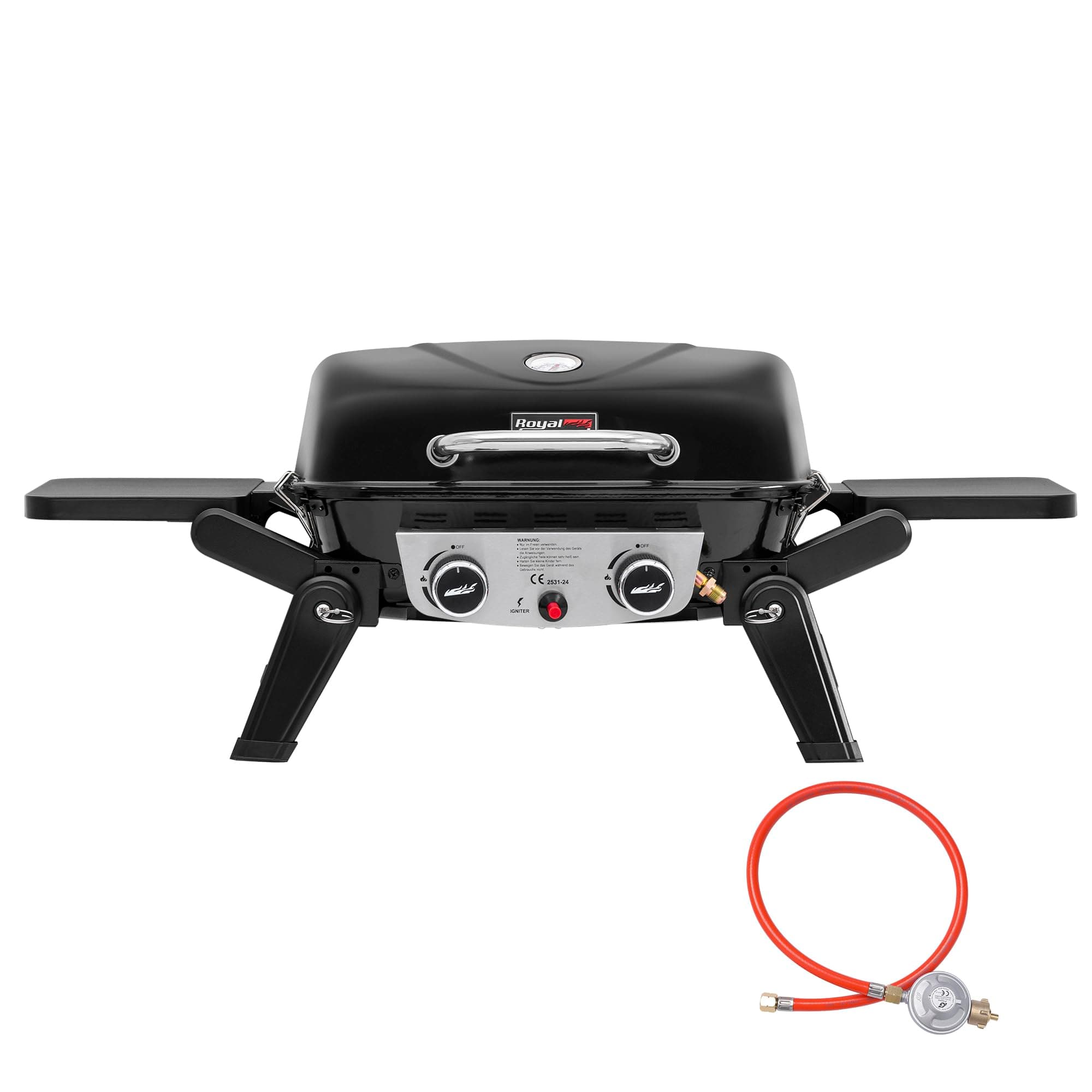 Royal Gourmet 2-Brenner Tragbarer Gasgrill, 5 kW Tischgrill mit klappbaren Seitentischen, portabler BBQ Grill für Balkon, Terrasse, Garten Schwarz Nur Tischgasgrill