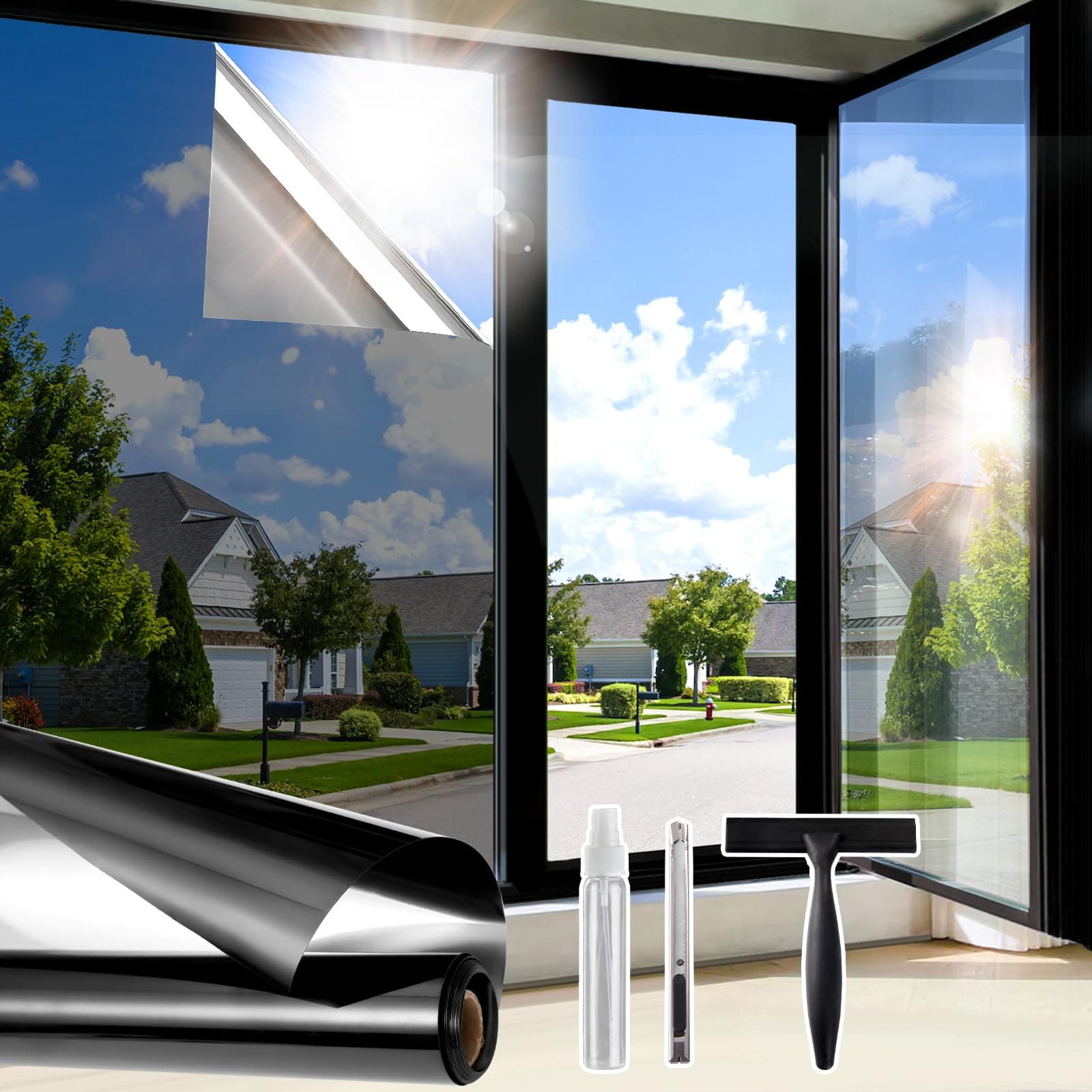 Windimiley Fensterfolie Sonnenschutz Hitzeschutz,Spiegelfolie Fenster Sichtschutz Selbstklebend,UV Schutzfolie Einseitig Blickdicht Wärmeschutzfolie für Sommer Schwarz-Silber 45x200cm Schwarz 45 x200 cm