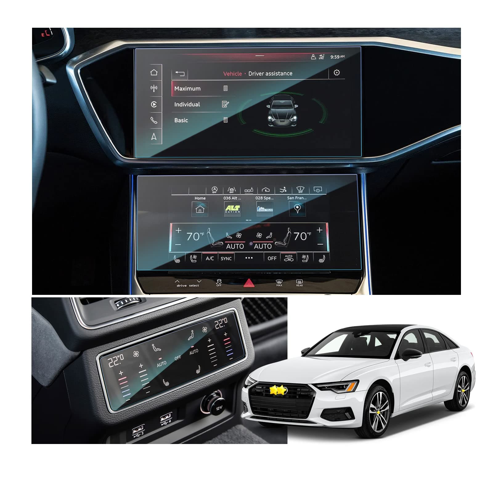 SKTU Displayschutzfolie kompatibel mit Audi A6 / A7 2019-2023 2024 Oberer Bildschirmfilm 10,1'' + unterer Bildschirmfilm Schutzfolie 8,6'' + Klimaanlagenfolie aus gehärtetem Glas Kratzfest Für MMI + Klima Vorne&hinten
