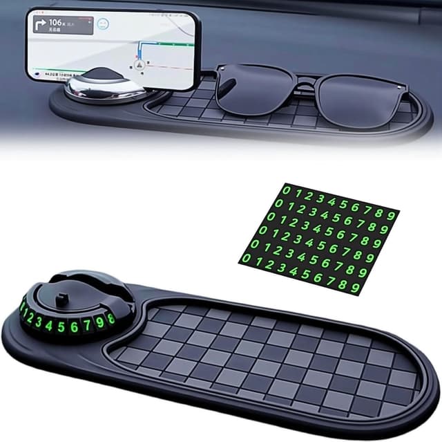 Antirutschmatte Auto, Silikon Auto Antirutschmatte Handy, Multifunktionaler Handyhalter, 360° Drehbar Anti Rutsch Armaturenbrett Matte mit Parknummer Autodekorationen (A)