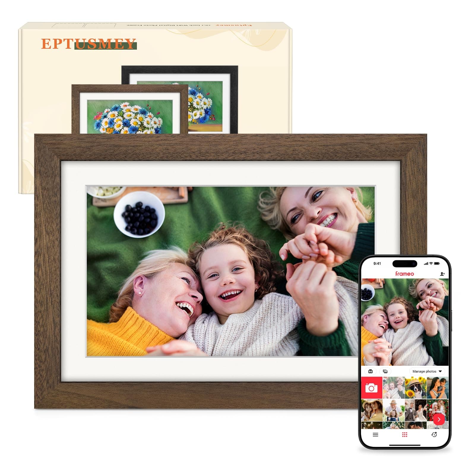 Frameo Digitaler Bilderrahmen WLAN 10.1 Zoll Walnussholz Elektronischer Bilderrahmen mit 32GB, 1280 * 800 HD IPS Touchscreen, Fotos/Videos Teilen über Frameo APP, Geschenk für Männer und Frauen A-Hochwertiges Walnussholz 10,1 Zoll