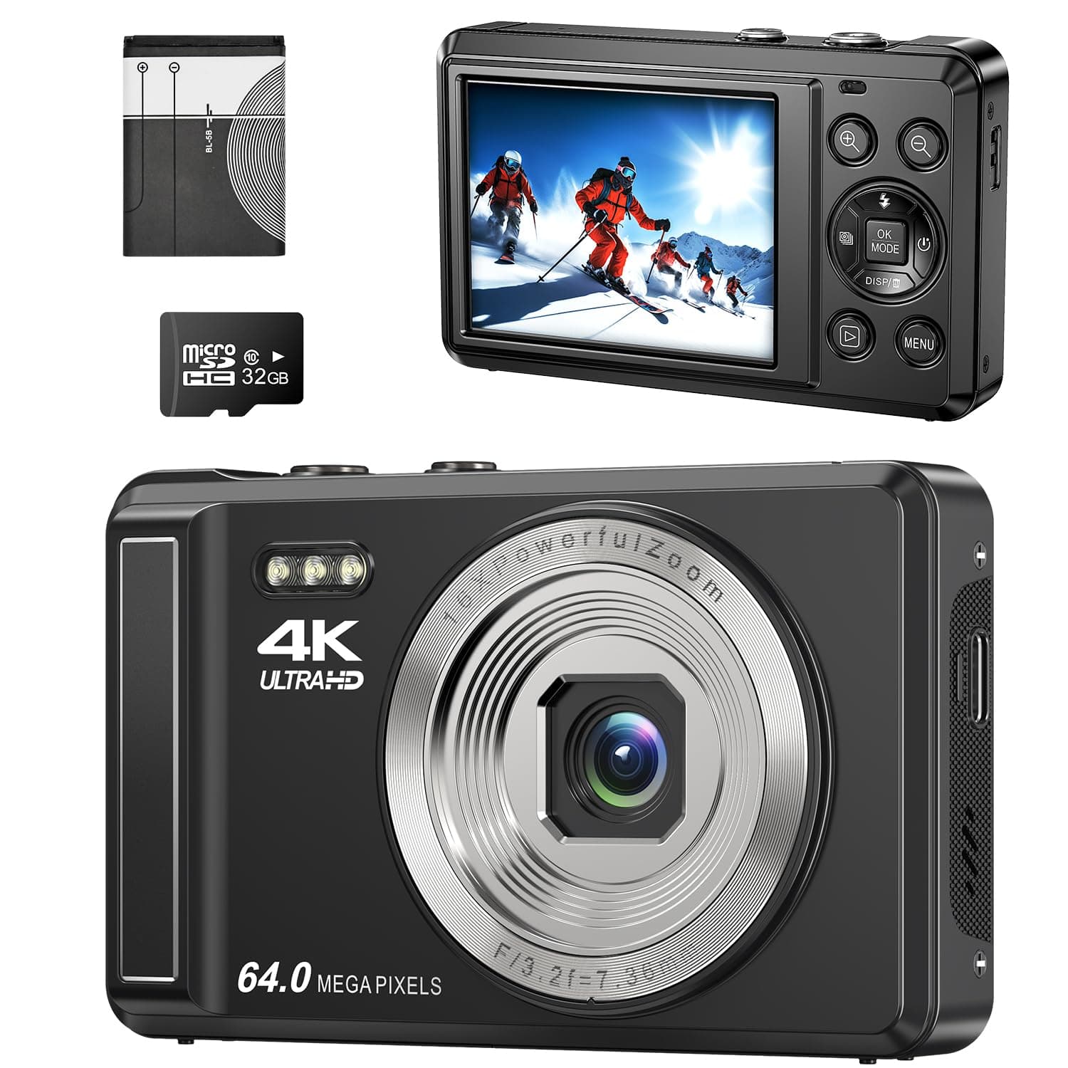 Digitalkamera 4K FHD Vlogging, kompakte Kamera mit 64 MP mit 16-fachem Digitalzoom, wiederaufladbar mit 7,11 cm (2,8 Zoll), Mini-Kinderkamera mit 32 GB Speicherkarte Full-Size
