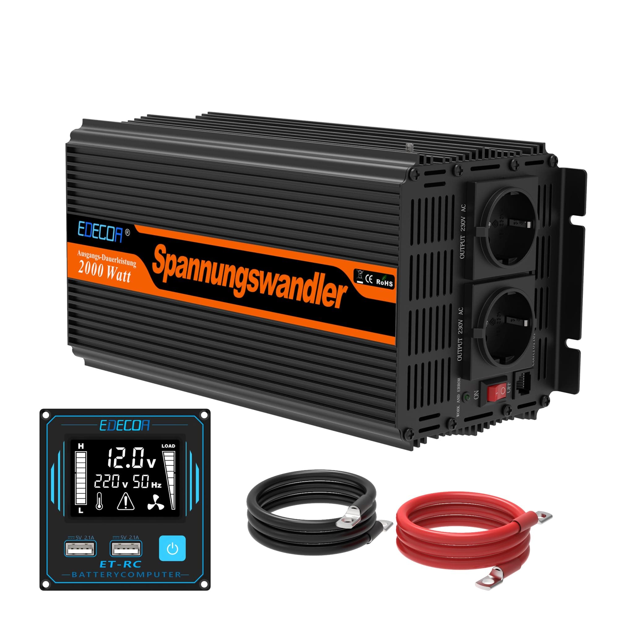 EDECOA Wechselrichter 2000w 12v 230v Spannungswandler mit Neuer Fernbedienung 2X USB und Bildschirm LCD für Sonnenkollektor KFZ Wohnmobi 2000w Fernbedienung USB