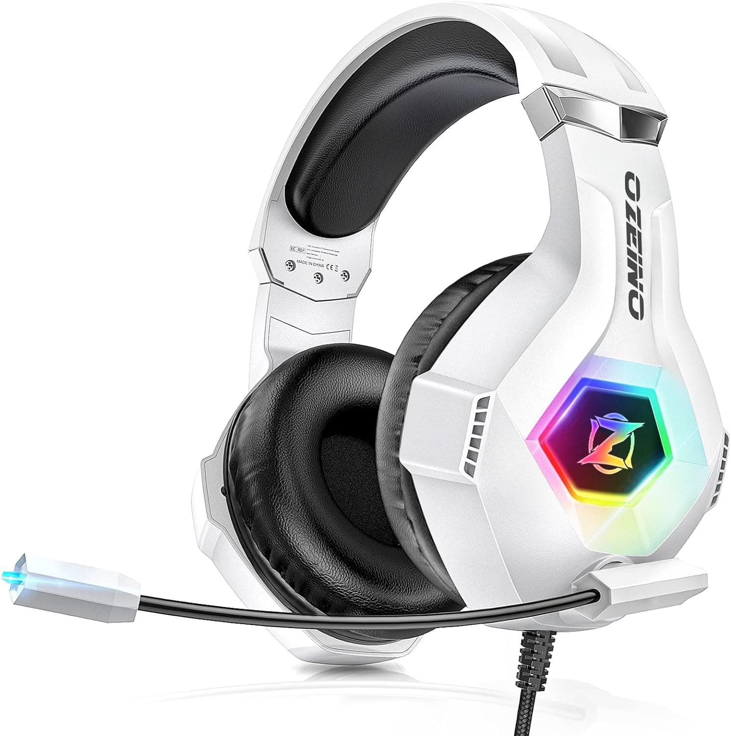 Ozeino Gaming Headset für Ps4/Ps5/Pc/Xbox 360 with 3D Surround Sound Headset mit Mikrofon Kopfhörer Noise Cancelling RGB Lichter for Gamer Weiß