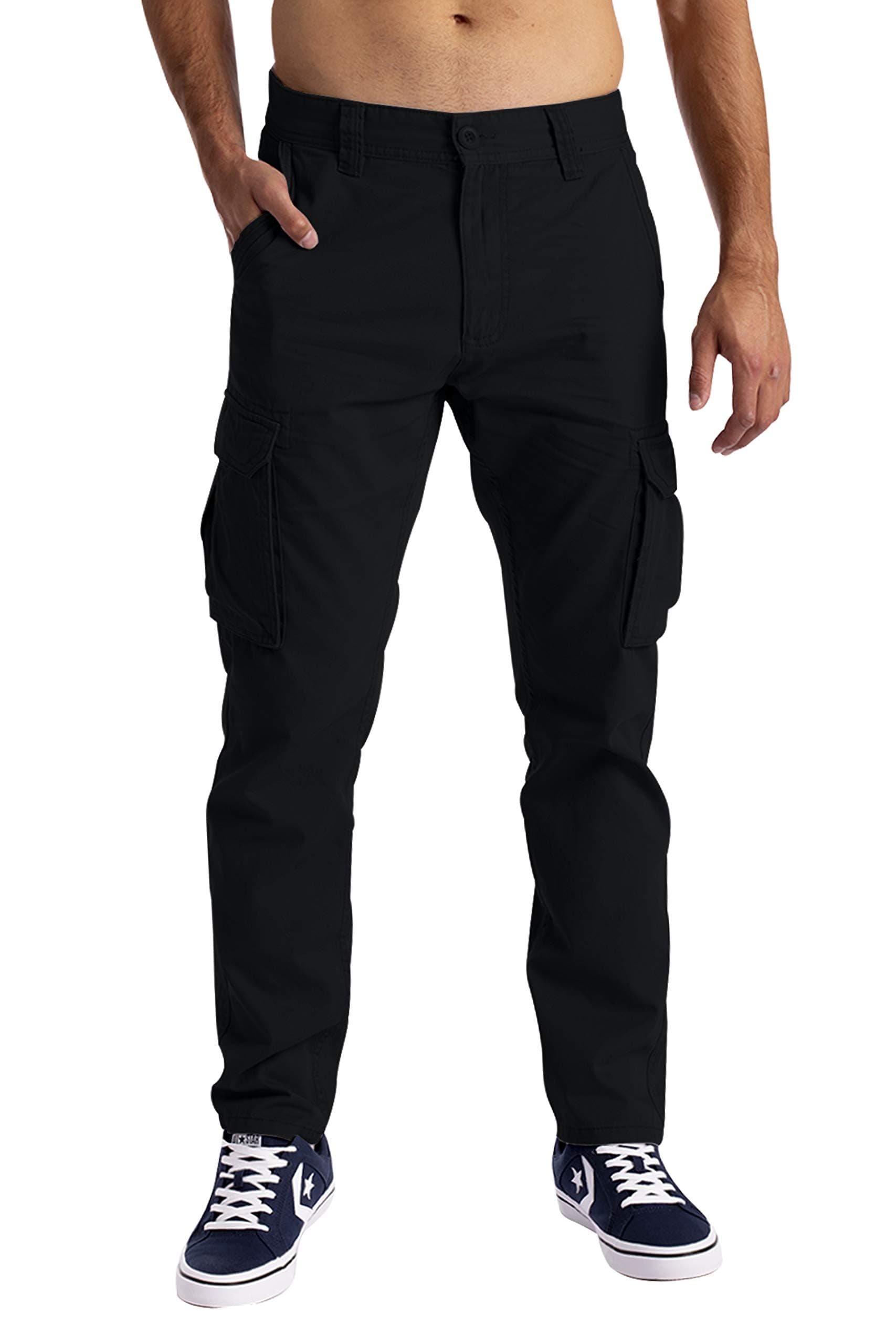 Herren Cargo Hose 6 Taschen 100% Baumwolle Freizeithose Loose Fit Arbeitshose 32W / 30L Schwarz