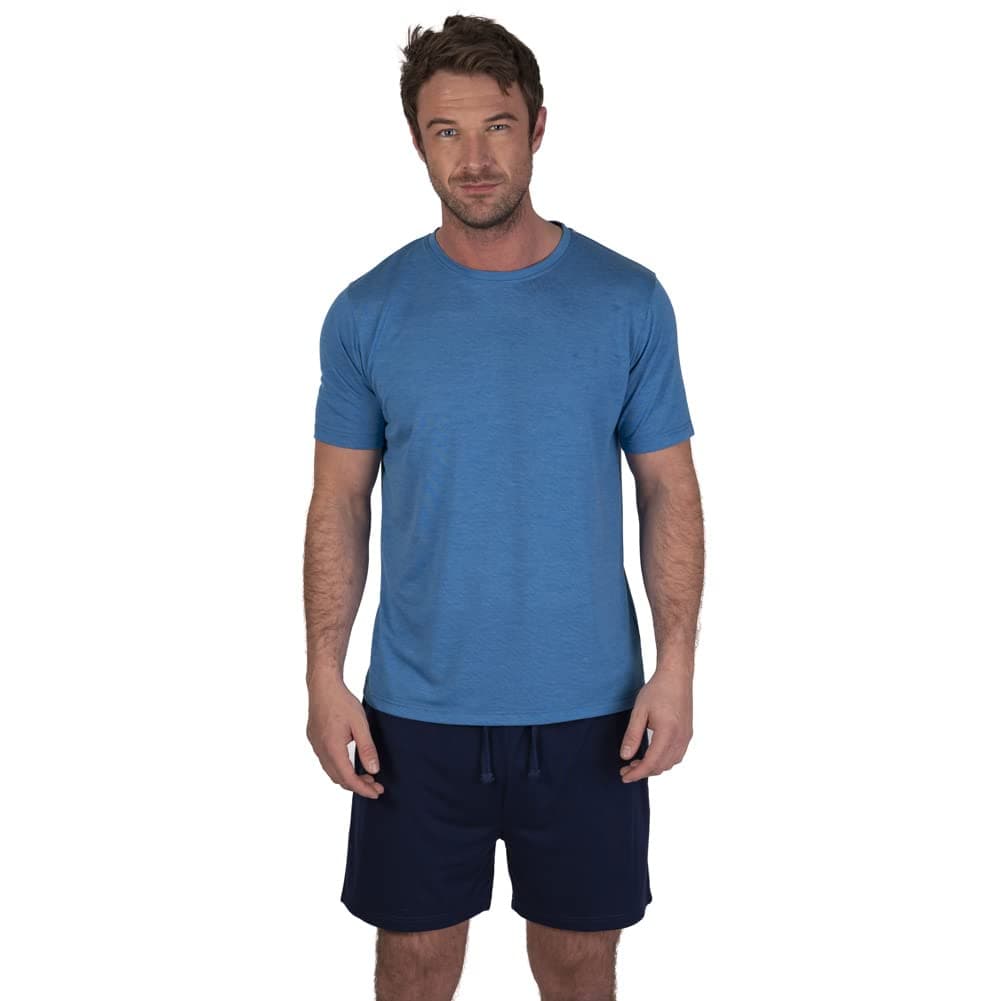 Light & Shade Herren-Pyjama Set mit Rundhalsausschnitt T-Shirt, Shorts und Hose L Pyjama-Set mit Rundhalsausschnitt und kurzen Hosen Blau