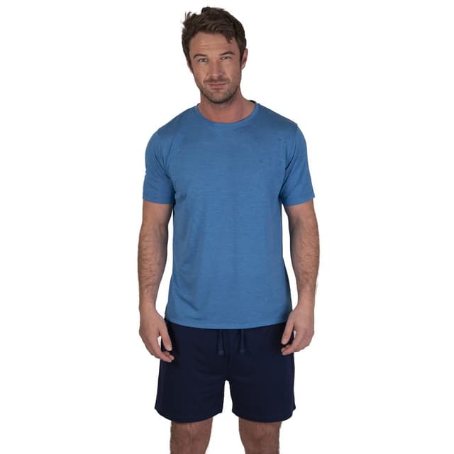Light & Shade Herren-Pyjama Set mit Rundhalsausschnitt T-Shirt, Shorts und Hose L Pyjama-Set mit Rundhalsausschnitt und kurzen Hosen Blau