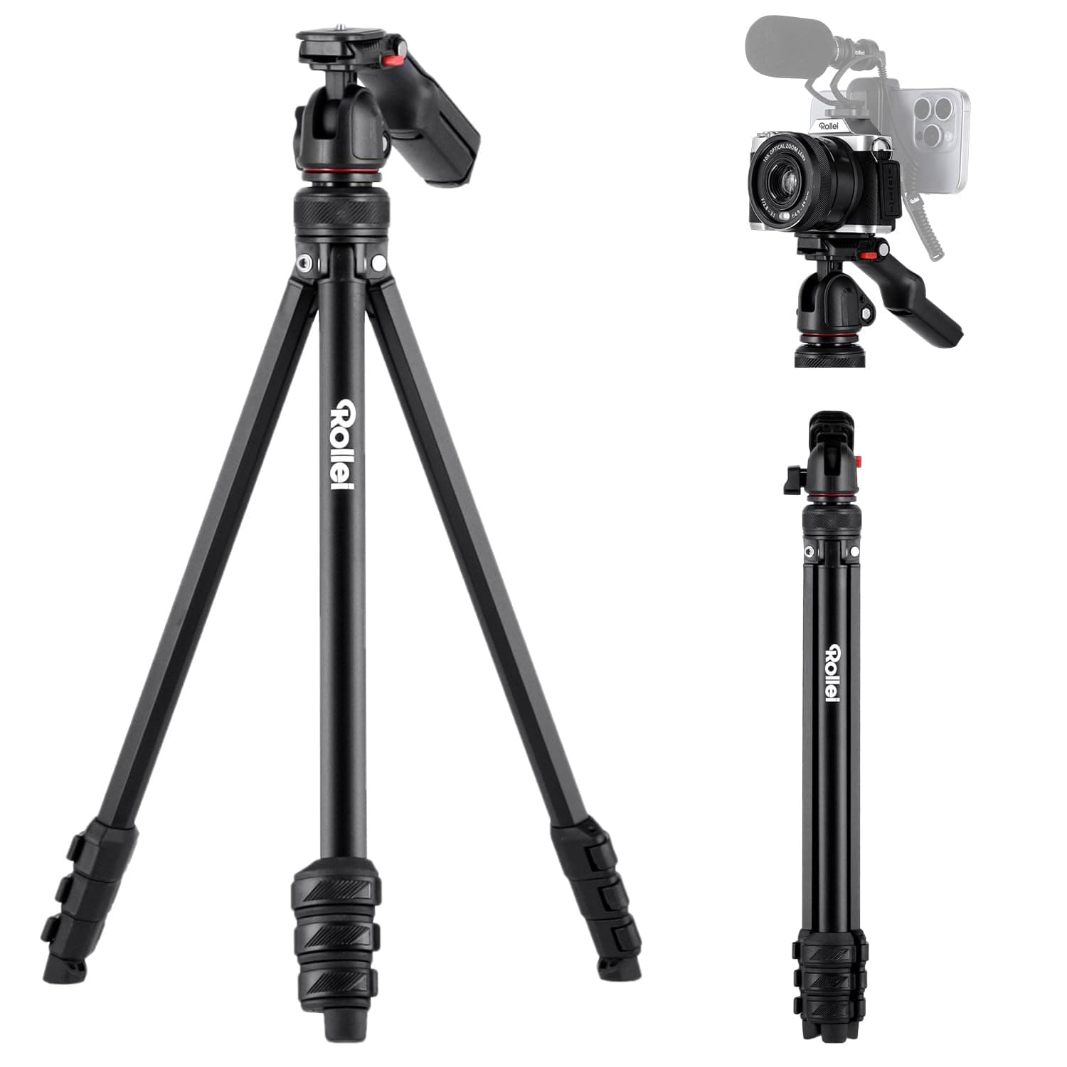 Rollei Compact Creator Stativ Kamera, 152cm Reisestativ aus Aluminium Leicht & Platzsparend Fotostativ mit Integrierte Handy-Halterung & Fernauslöser für DSLR & Handy, Kamera-Stativ-Reisestativ-Tripod 152cm+2,5kg/Compact Creator