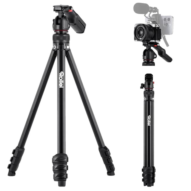 Rollei Compact Creator Stativ Kamera, 152cm Reisestativ aus Aluminium Leicht & Platzsparend Fotostativ mit Integrierte Handy-Halterung & Fernauslöser für DSLR & Handy, Kamera-Stativ-Reisestativ-Tripod 152cm+2,5kg/Compact Creator