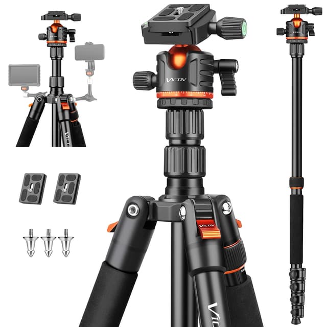 Victiv 200cm Kamera Stativ, Tragbares Stabiles Reisestativ, 2-in-1 Dreibein Stativ, Einbeinstativ mit 360° Panorama Kugelkopf für DSLR Canon Nikon Sony, Aluminium Camera Tripod, Stative für Smartphone 200cm Schwarz Orange