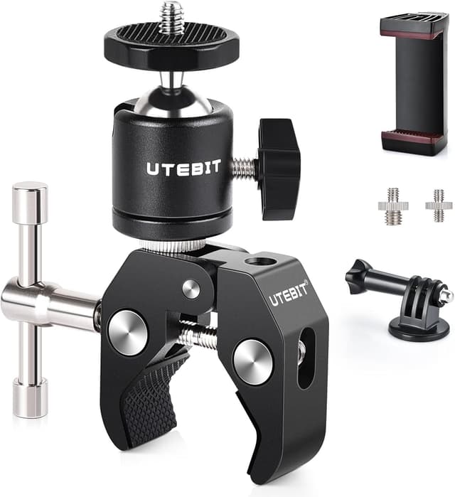 UTEBIT Super Klemme Stativ Gelenk-Kugelkopf Blitzschuh-Stativkopf mit 1/4 3/8" Gewindeadapter, Handyclip und Gopro-Adapter für Kameras, Blitze, Stative, LCD/DV-Monitore, LED-Leuchten