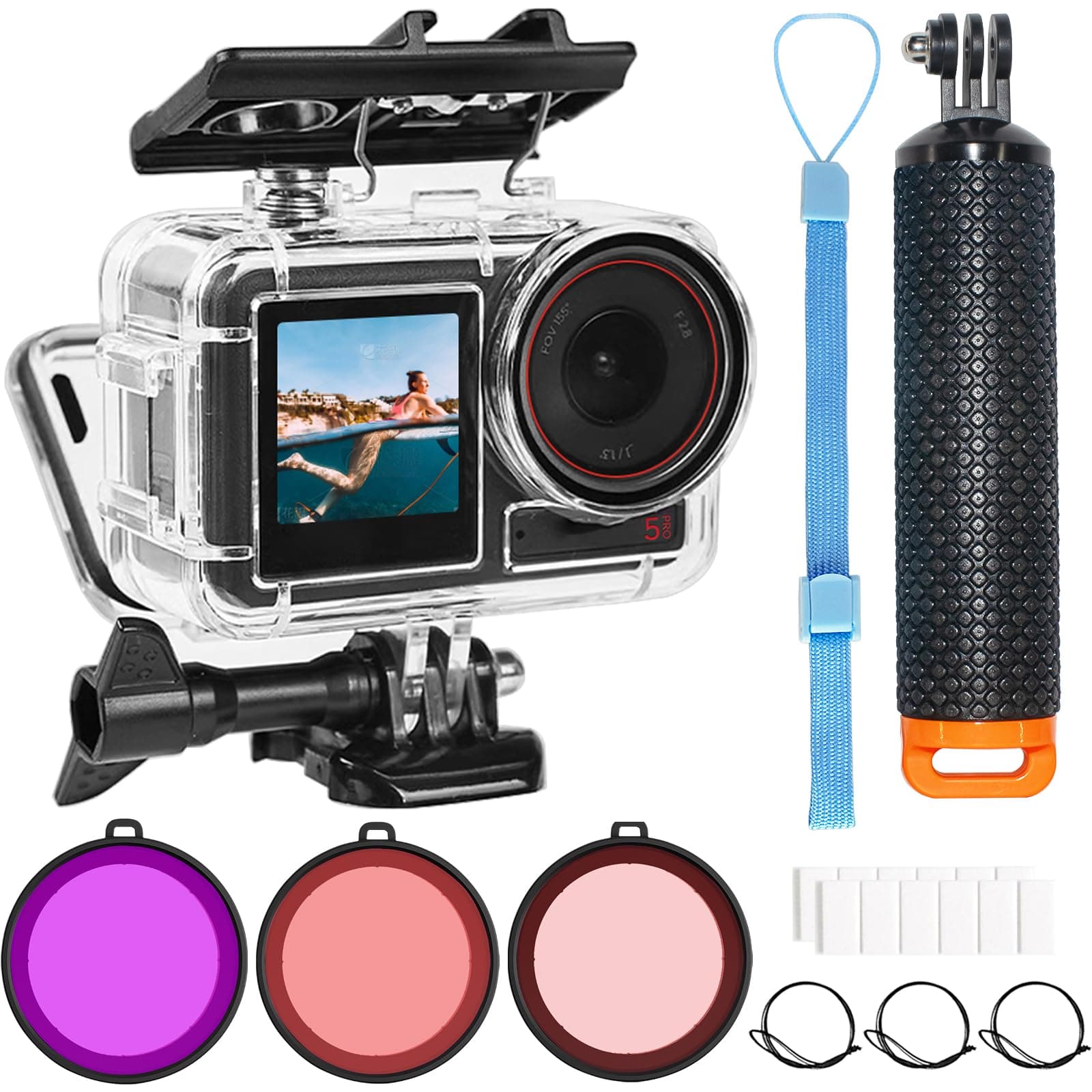 OKFUN 164FT/50M Unterwasser-wasserdichtes Gehäuse mit 3er-Pack Filtern für DJI OSMO Action 5 Pro Action 4 Action 3, schützende Tauchschale, Einbeinstativ, schwimmender Handgriff, Stangenstab