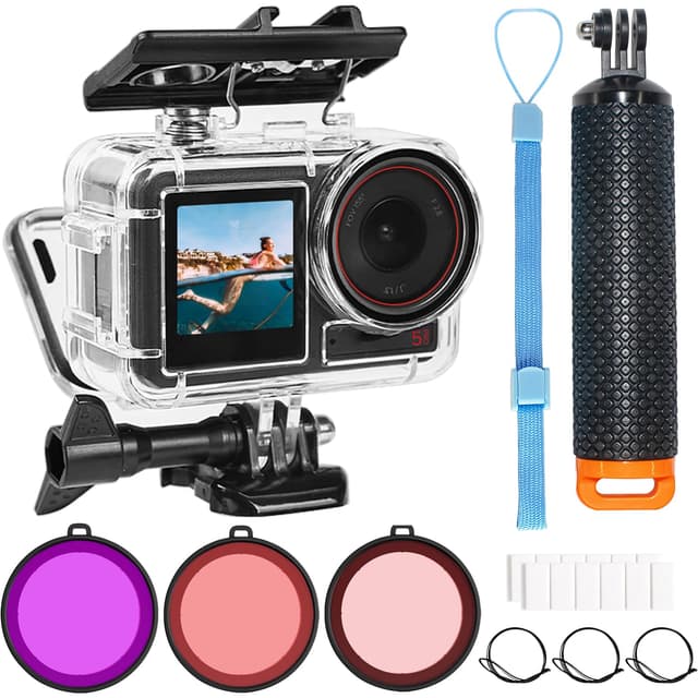 OKFUN 164FT/50M Unterwasser-wasserdichtes Gehäuse mit 3er-Pack Filtern für DJI OSMO Action 5 Pro Action 4 Action 3, schützende Tauchschale, Einbeinstativ, schwimmender Handgriff, Stangenstab