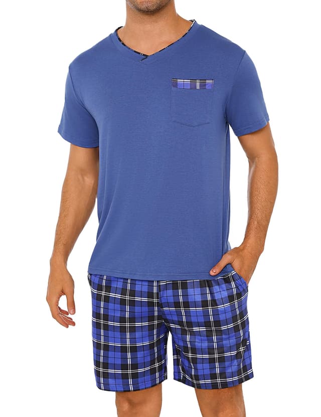 Leversic Zweiteiliger Schlafanzug Herren Kurz Baumwolle mit Karierter V-Ausschnitt, Shorty Pyjama Herren Set Sommer Nachtwäsche Pajamas for Männer 308-blau XL