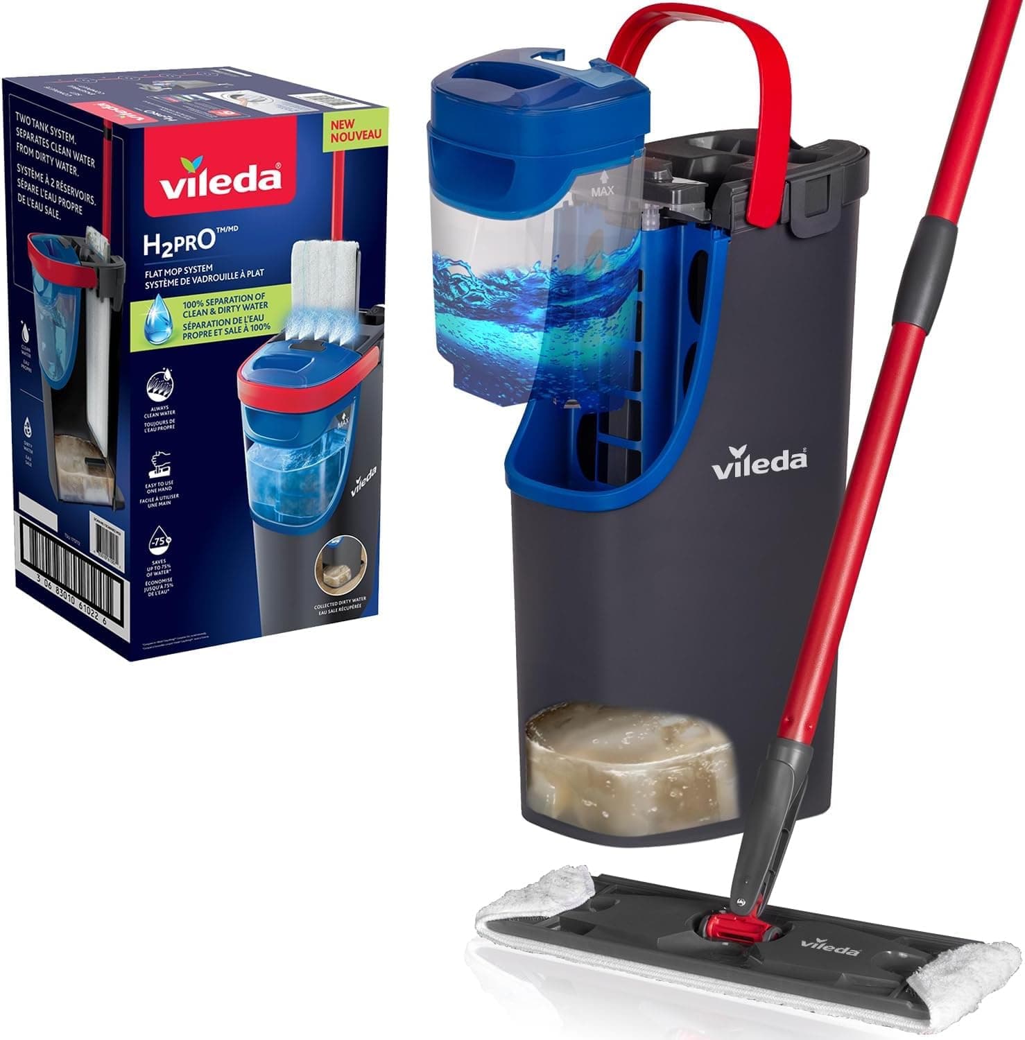 Vileda H2PrO Flat mop Bodenwischer Set mit Eimer| 100% Trennung von Frisch- und Schmutzwasser | Hygienisches Reinigungssystem mit Mikrofaser | Wassersparend, ergonomisch | Eco-Verpackung Flacher Wischmopp