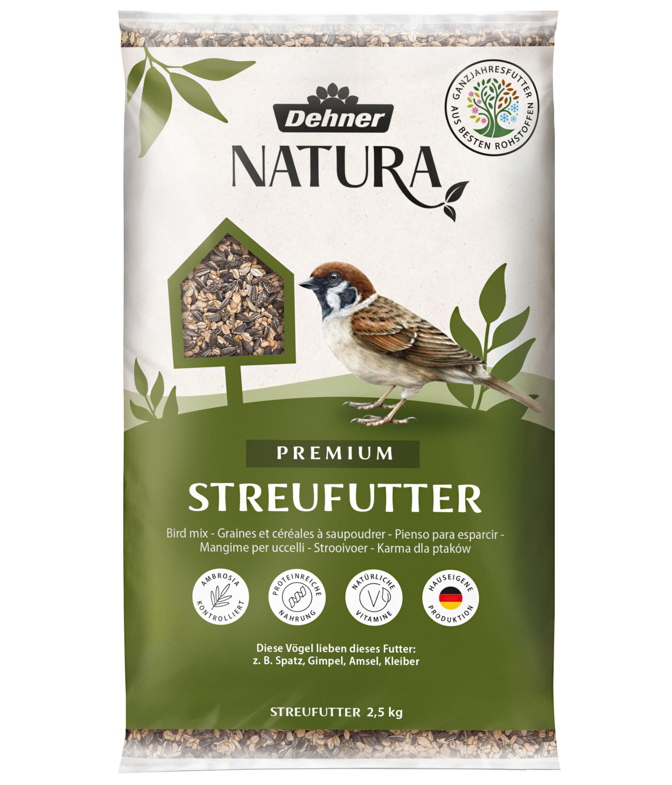 Dehner Natura Premium Wildvogelfutter, Streufutter, Ganzjahresfutter proteinreich / energiereich, hochwertiges Vogelfutter für Wildvögel, 2.5 kg Saaten 2.5 kg (1er Pack)