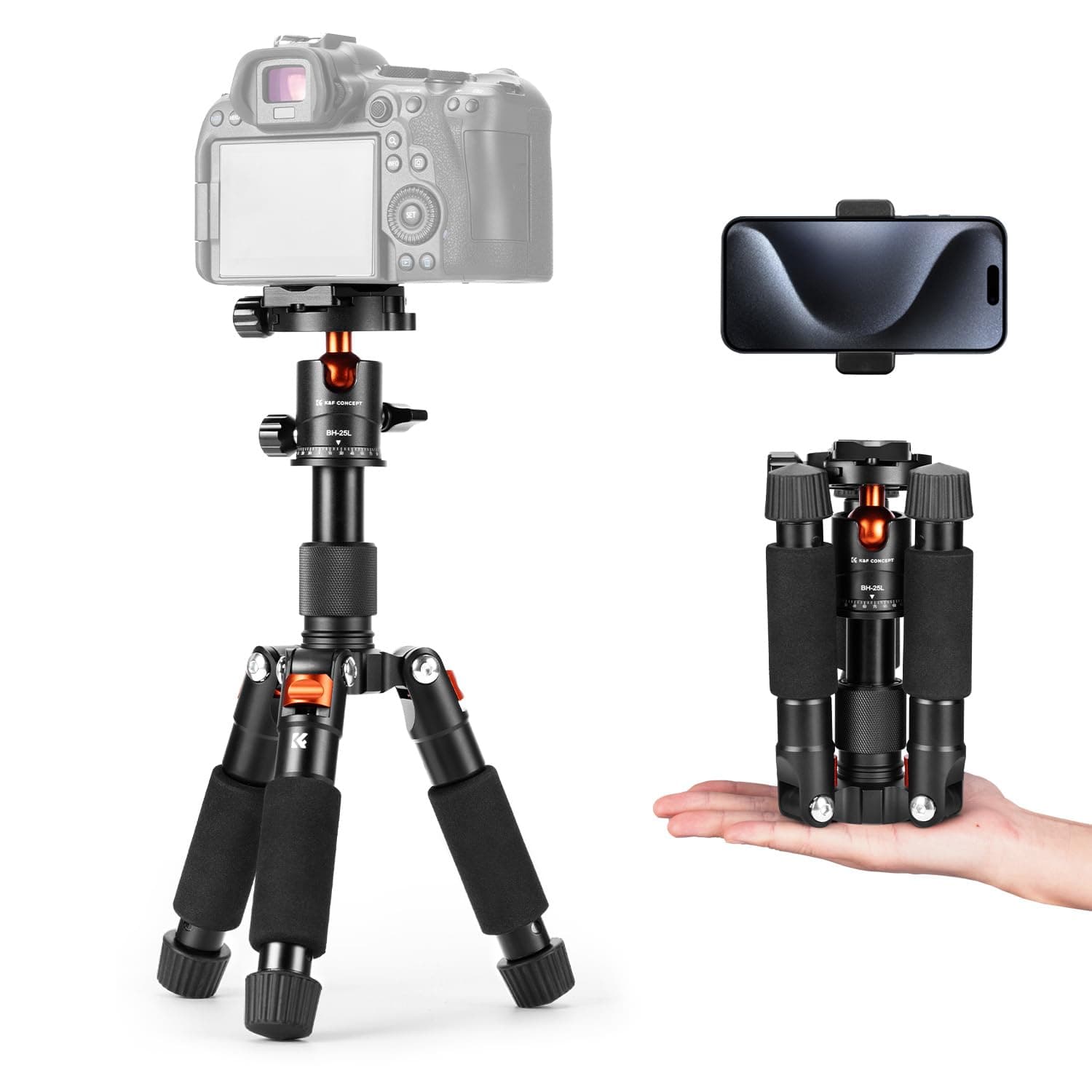 K&F CONCEPT Mini Stativ,kompaktes KameraStativ mit 360° Kugelkopf,52 cm Desktop Stativ,Tischstativ mit Handyhalterung, Tripod für Canon g7x/Sony/Nikon/Fujifilm,Max Belastung bis 6kg,S225A1+BH-25
