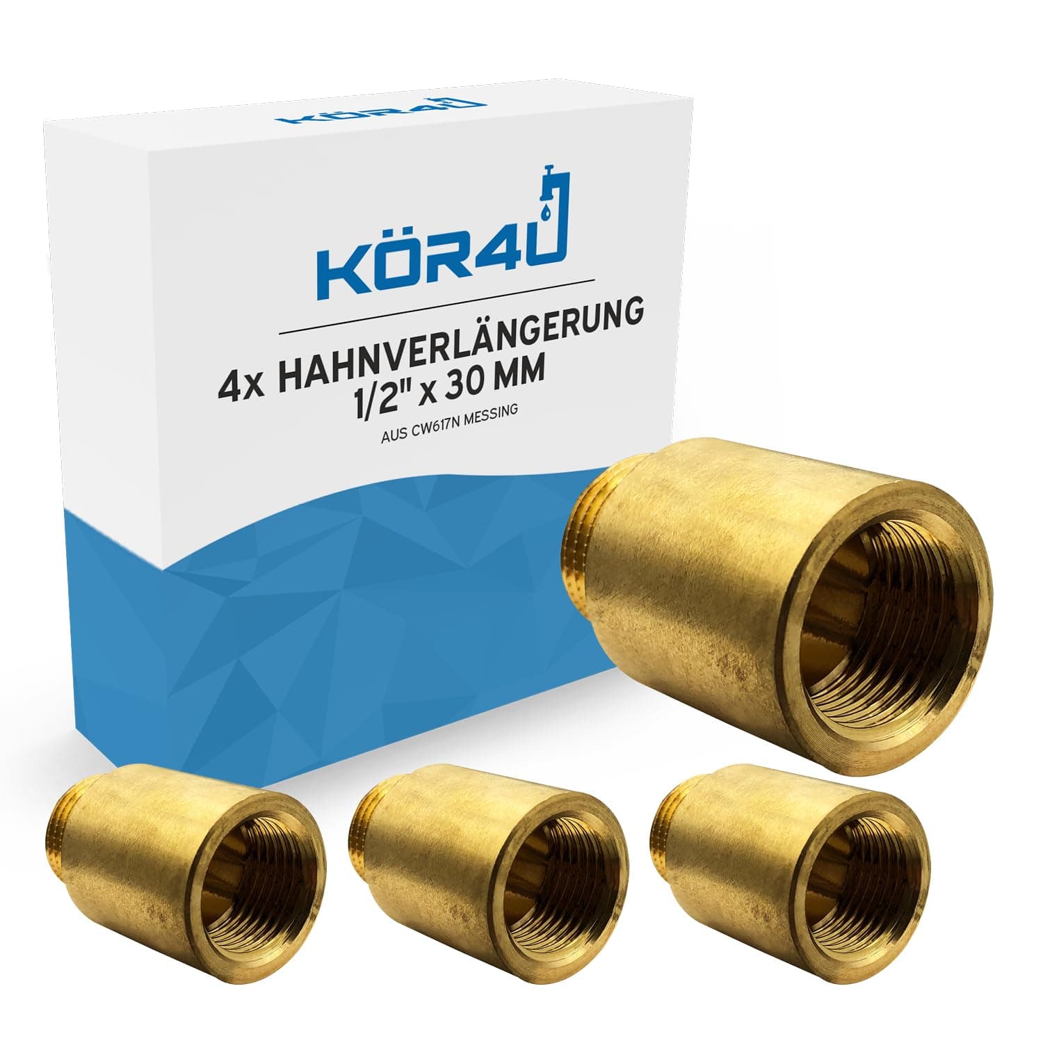 4x kör4u Hahnverlängerung Messing 1/2 Zoll x 30 mm, Gewindeverlängerung, Trinkwasser geeignet 4x 1/2" x 30 mm