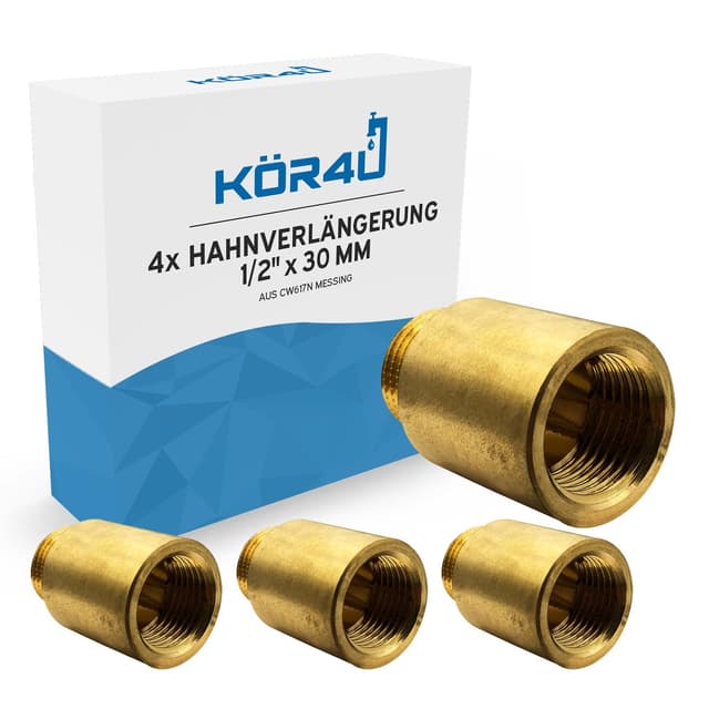 4x kör4u Hahnverlängerung Messing 1/2 Zoll x 30 mm, Gewindeverlängerung, Trinkwasser geeignet 4x 1/2" x 30 mm