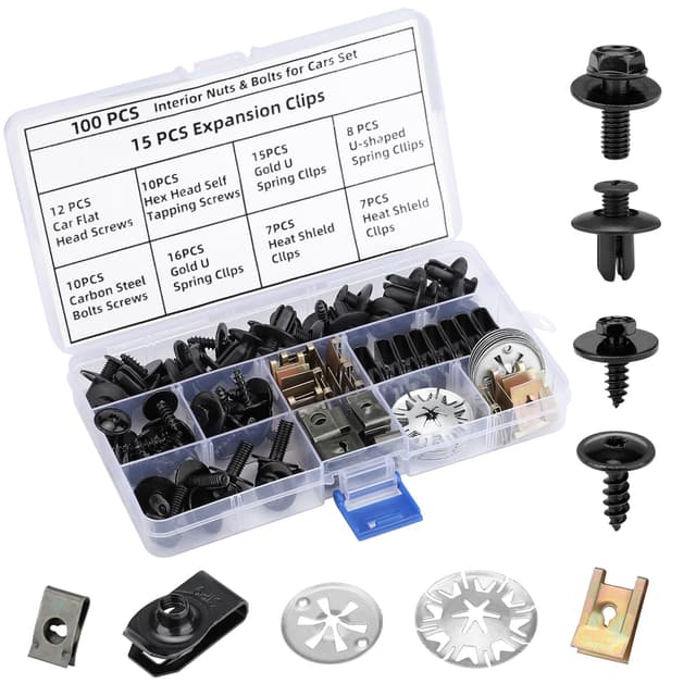 Samamoca 100 Stück Karosserieschrauben & Blechmutter Set – Auto Befestigungsclips mit Klemmscheiben, U-Clip & Schrauben, für Kotflügel Stoßstange Innenverkleidung, inkl. Sortierbox