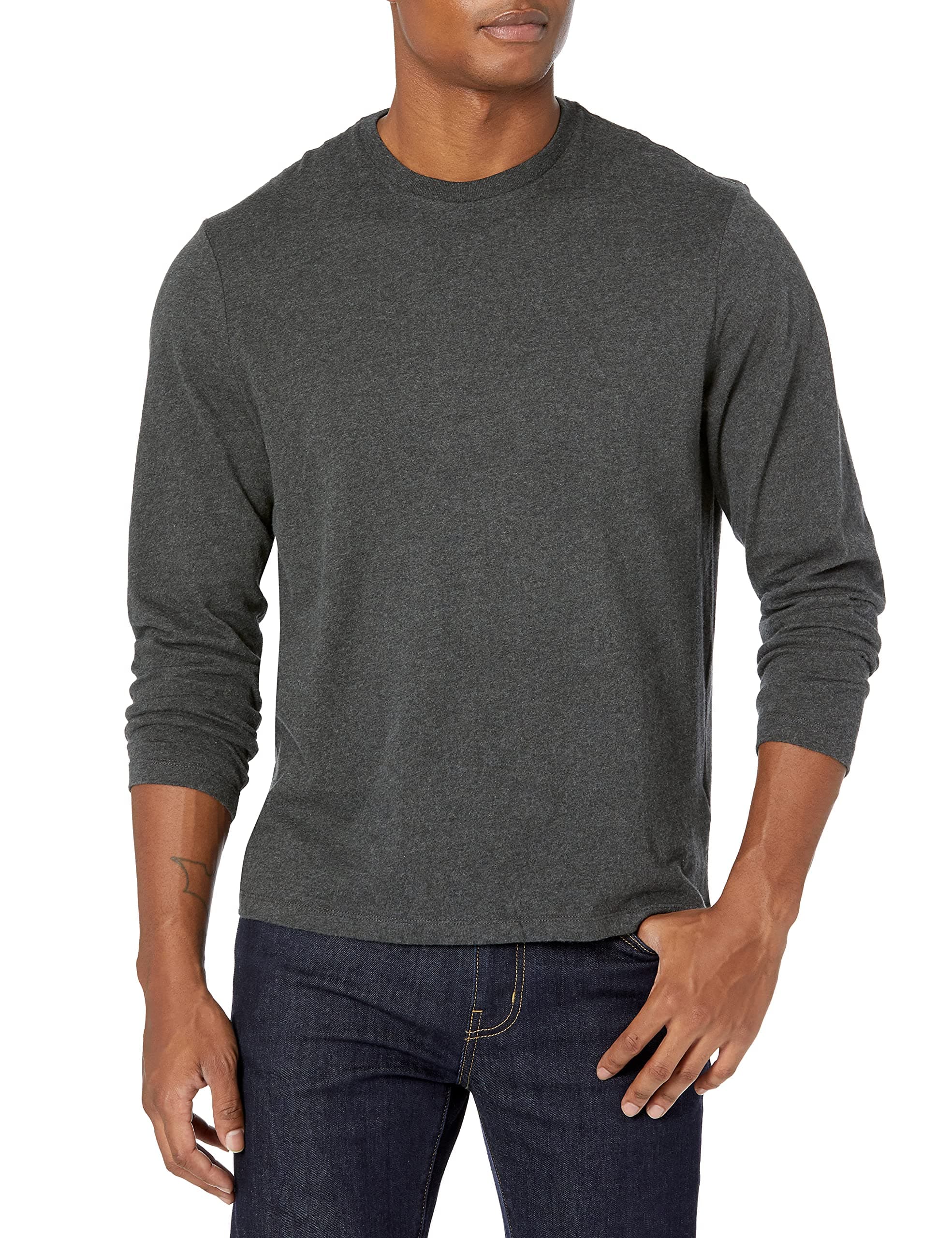 Amazon Essentials Herren Langärmeliges T-Shirt, Normale Passform L Dunkelgrau Meliert Ohne Tasche