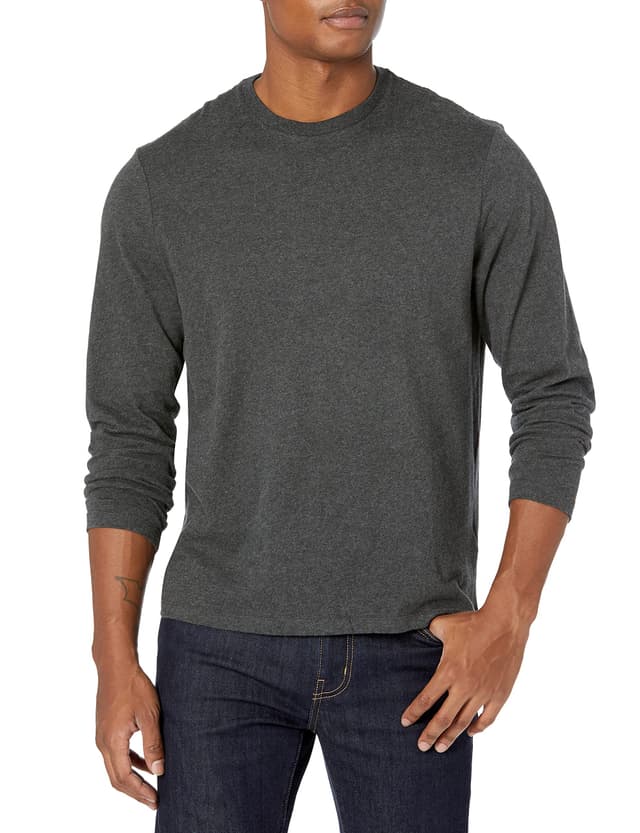Amazon Essentials Herren Langärmeliges T-Shirt, Normale Passform L Dunkelgrau Meliert Ohne Tasche