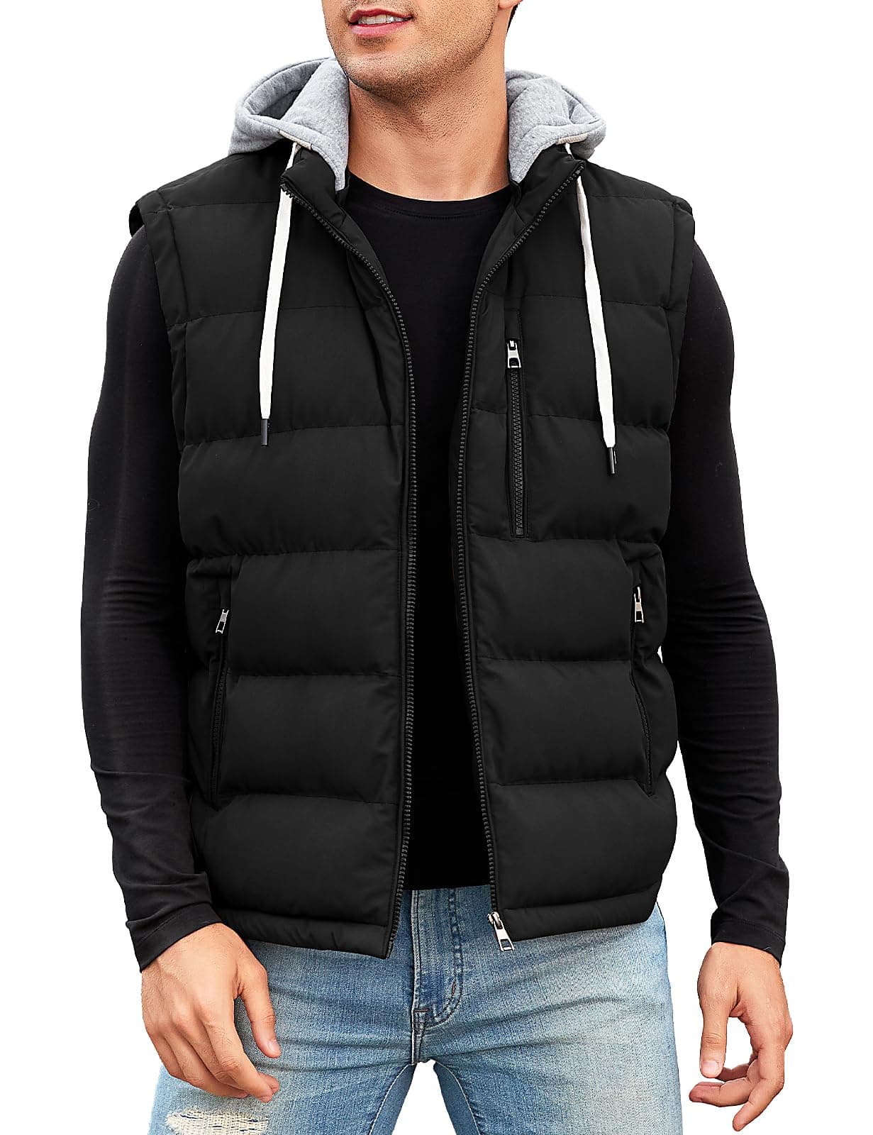 CMTOP Weste Herren mit Kapuze Wasserabweisend Steppweste Warme Herren-Westen, Leicht Ärmellose Jacke Winddichte Winterweste Reißverschluss Bodywarmer Vest Gilet mit Taschen Schwarz XL