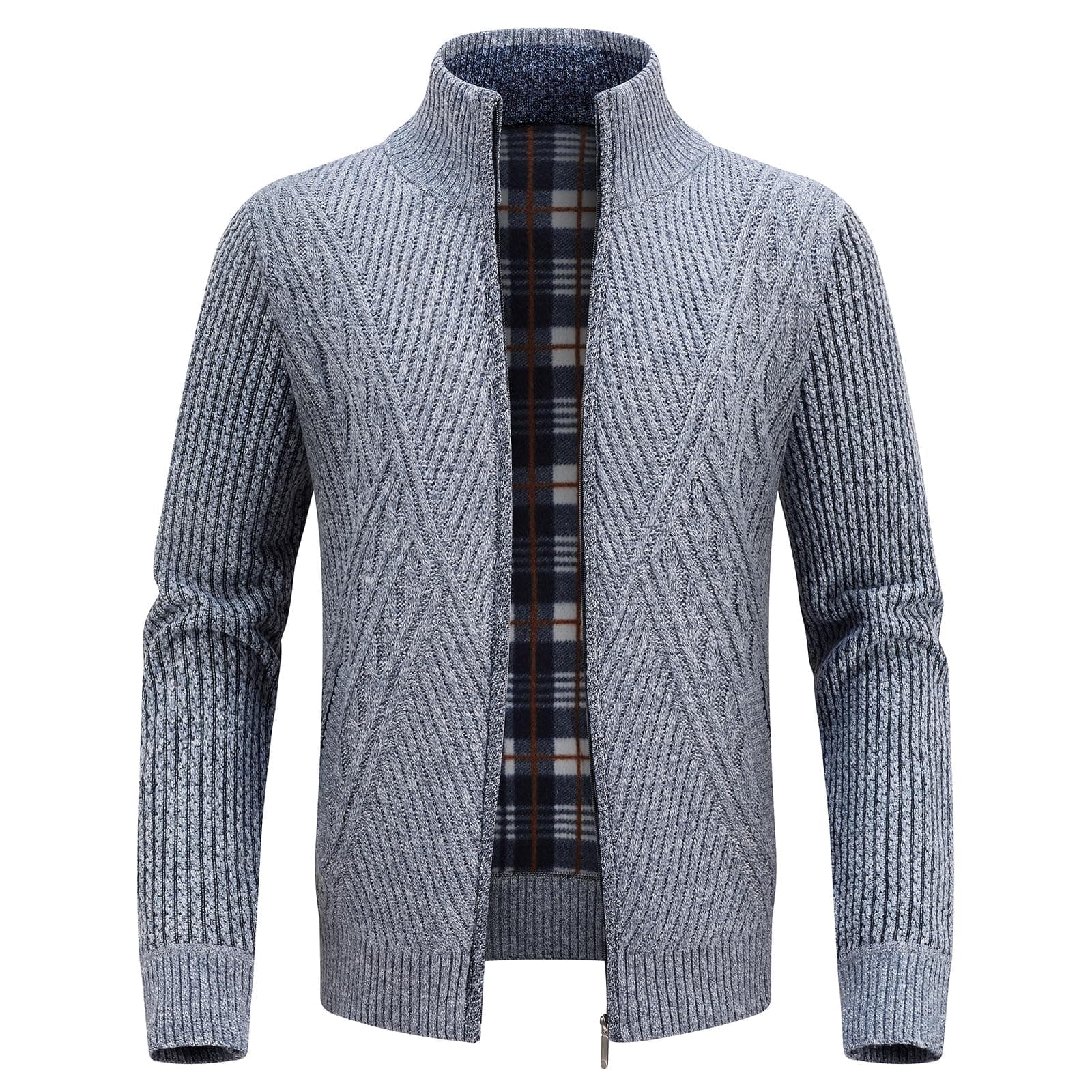 KUDORO Strickjacke Trachtenjacke Herren Cardigan mit Reißverschluss Gestrickt Wintermantel Strickjacke Sweatjacke Winterjacke Mit Stehkragen Fleecejacke Langarm M Hellgrau