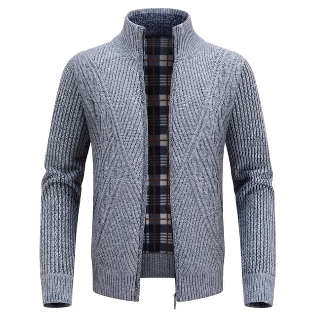 KUDORO Strickjacke Trachtenjacke Herren Cardigan mit Reißverschluss Gestrickt Wintermantel Strickjacke Sweatjacke Winterjacke Mit Stehkragen Fleecejacke Langarm M Hellgrau